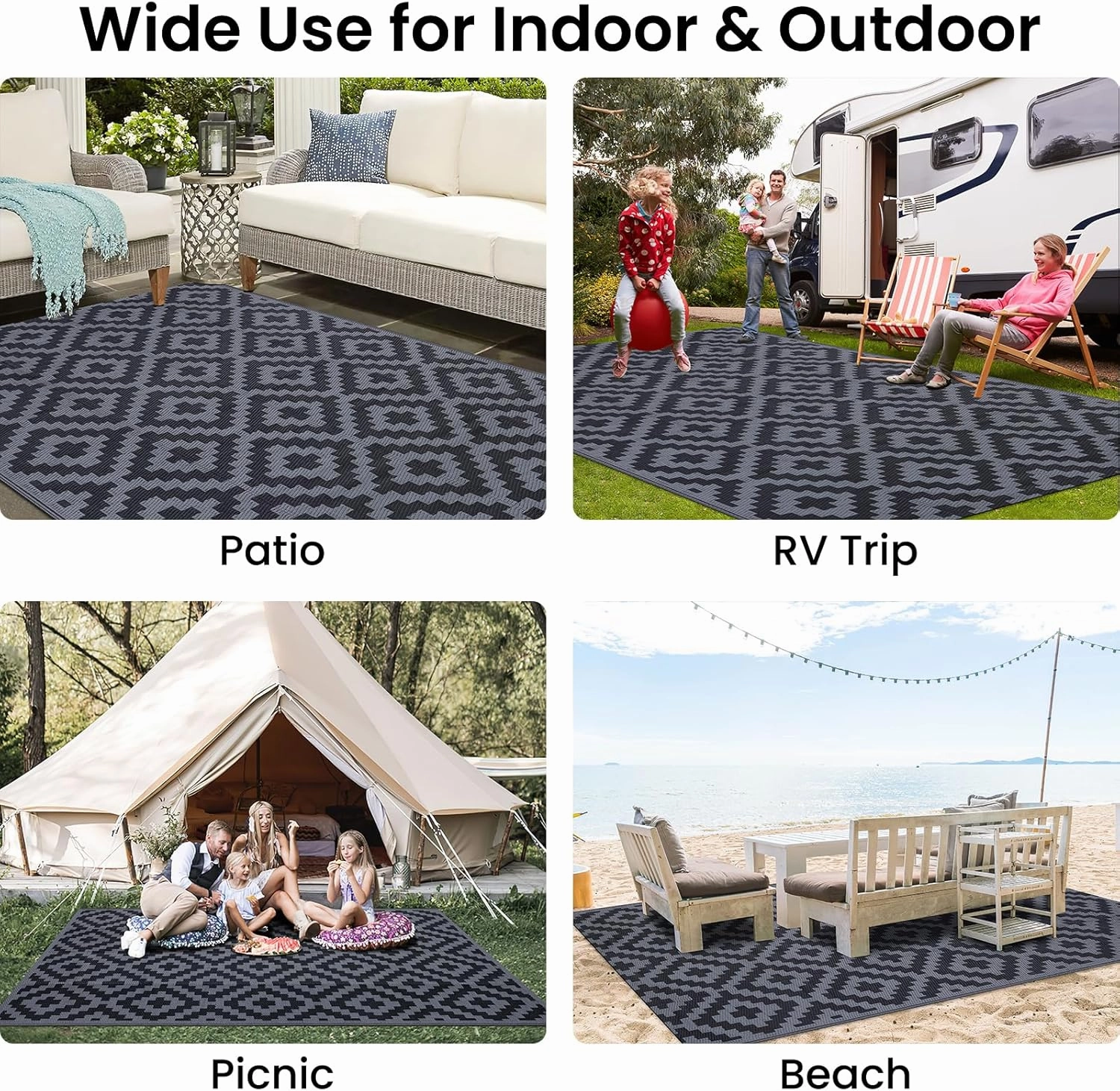 Smiry Waterproof Outdoor Rug 5x8ft, Reversible Plastic Straw Patio Camping Rugs, Outdoor Indoor RV Mat Carpet for Patio, Outside Entry, Backyard, Deck, Bench, Picnic, Camper, Black & Grey