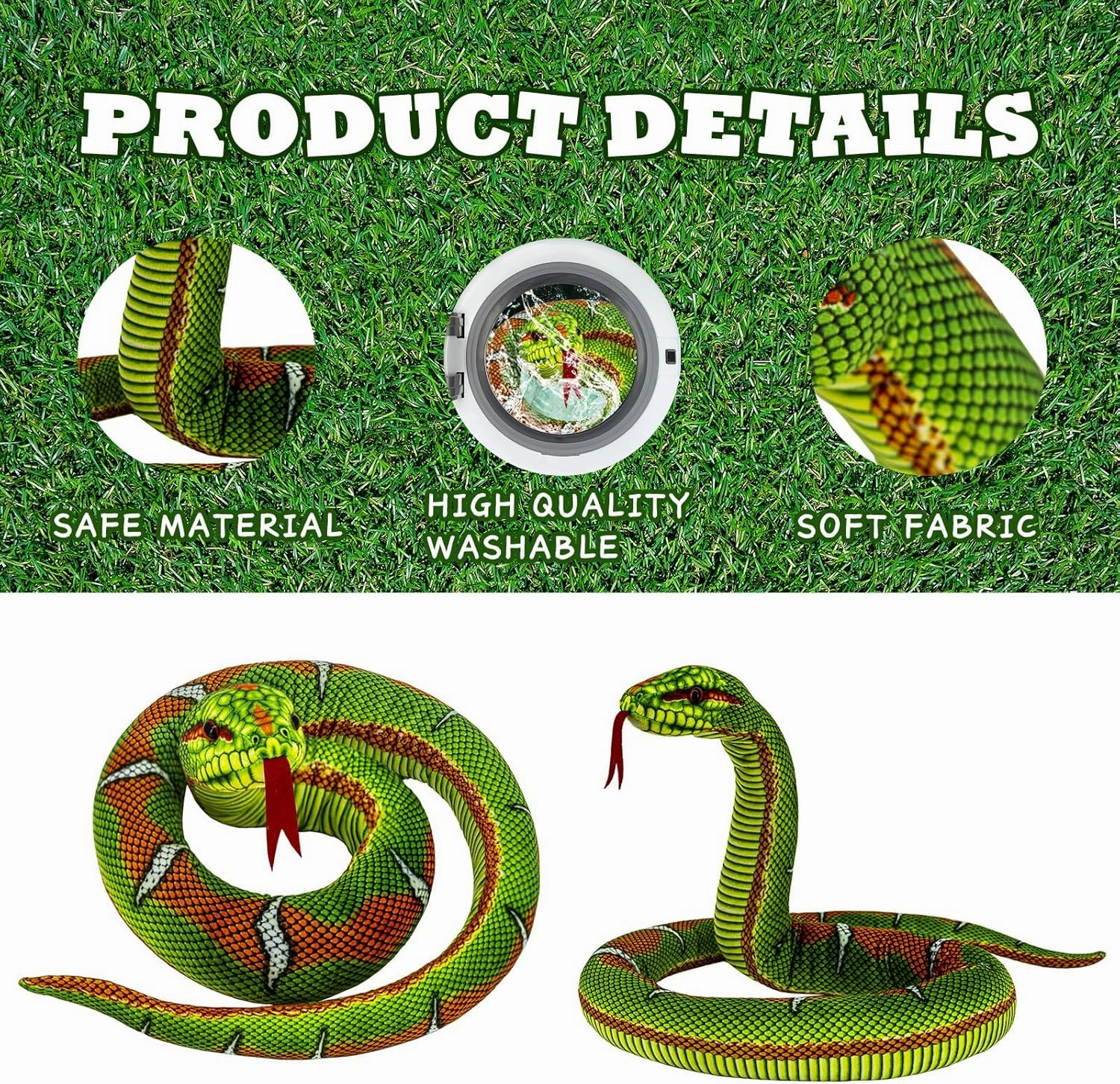 Snake Plush Toy, 59'' Large Washable, Giant Plush Cuddle Toy, Soft and Cute Kids Gift for Boys and Girls, Party Gift Prank, Python Green Flower Tree