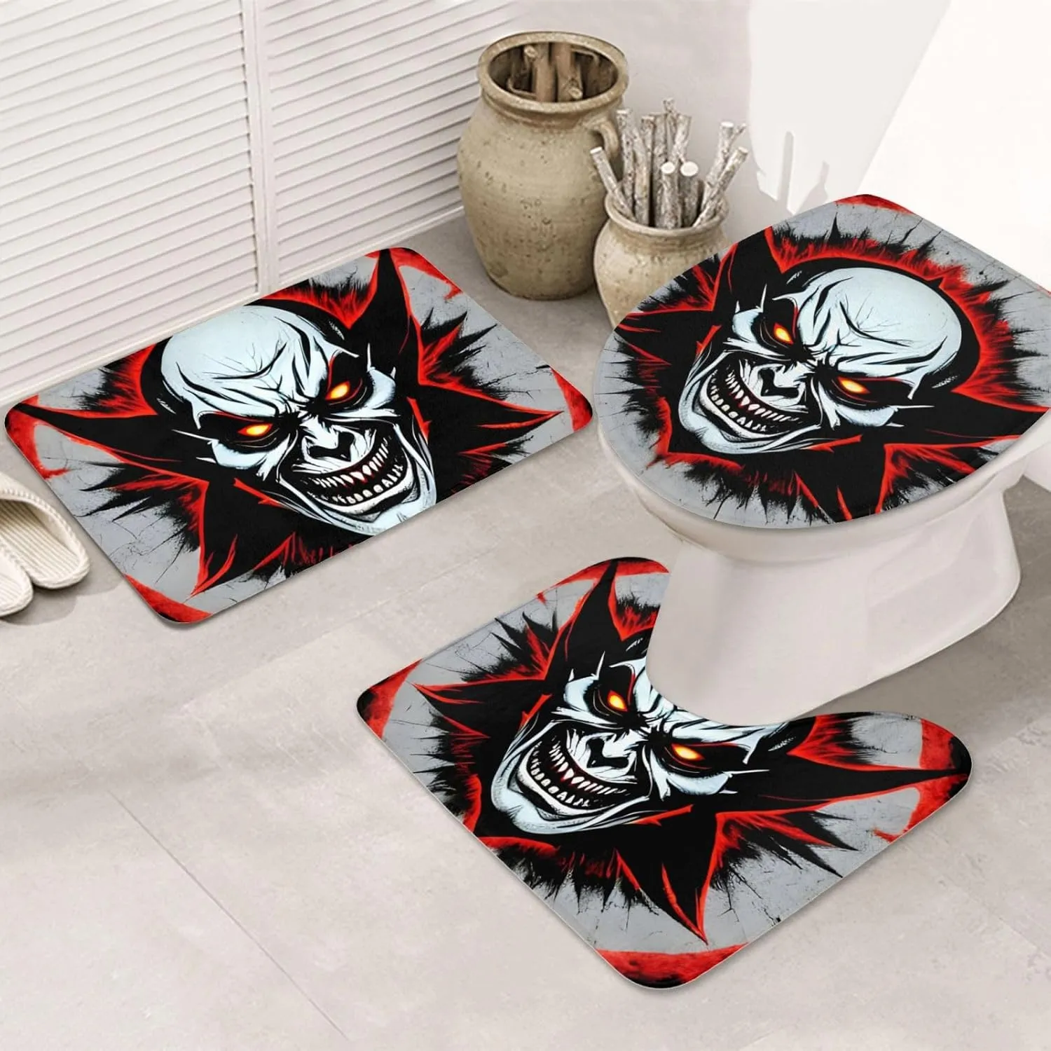 Soft and Comfortable Flannel Bathroom Non Slip Rugs,Super Absorbent Anti-Skid Carpet 3 Pieces/Set Red and Black Evil Ghost