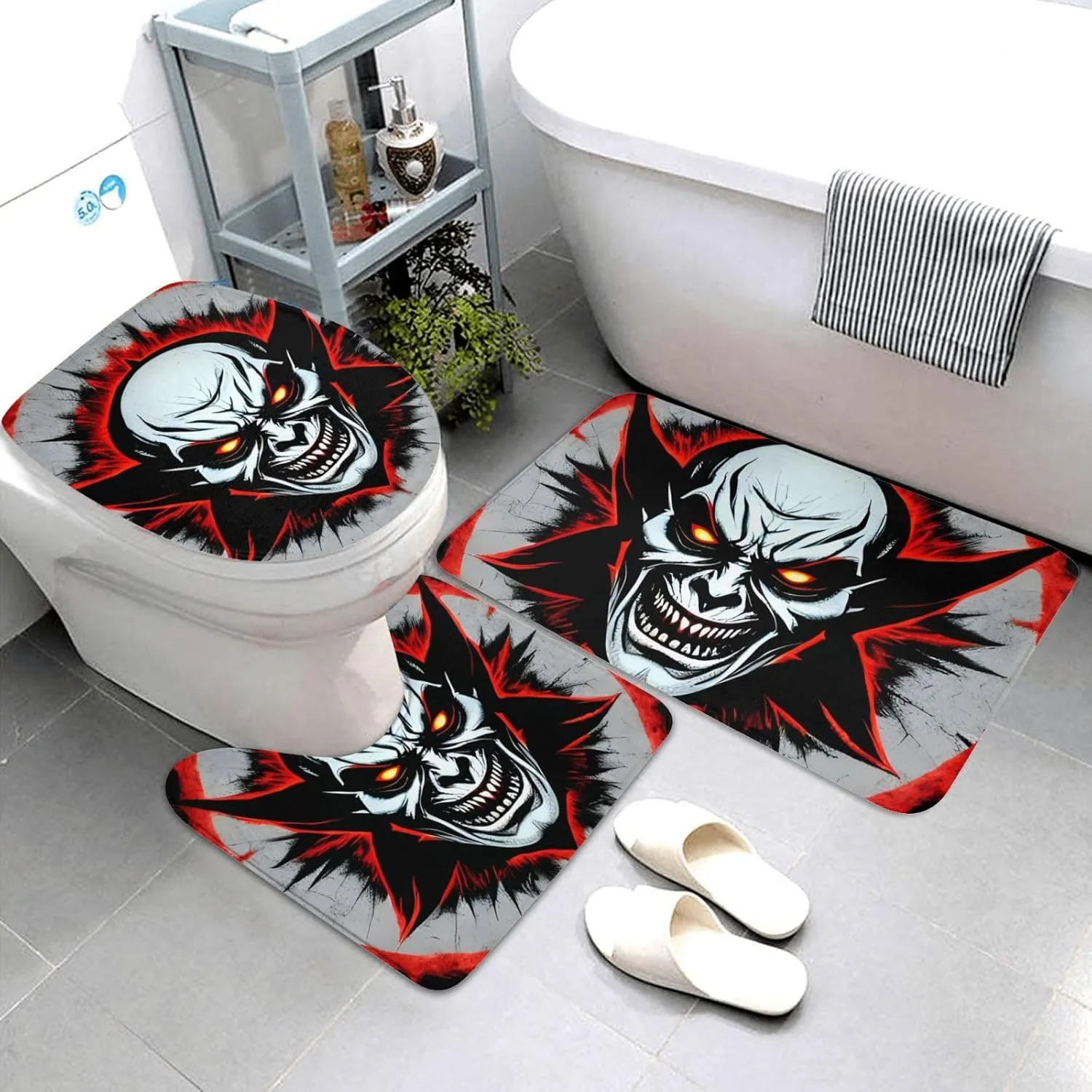 Soft and Comfortable Flannel Bathroom Non Slip Rugs,Super Absorbent Anti-Skid Carpet 3 Pieces/Set Red and Black Evil Ghost
