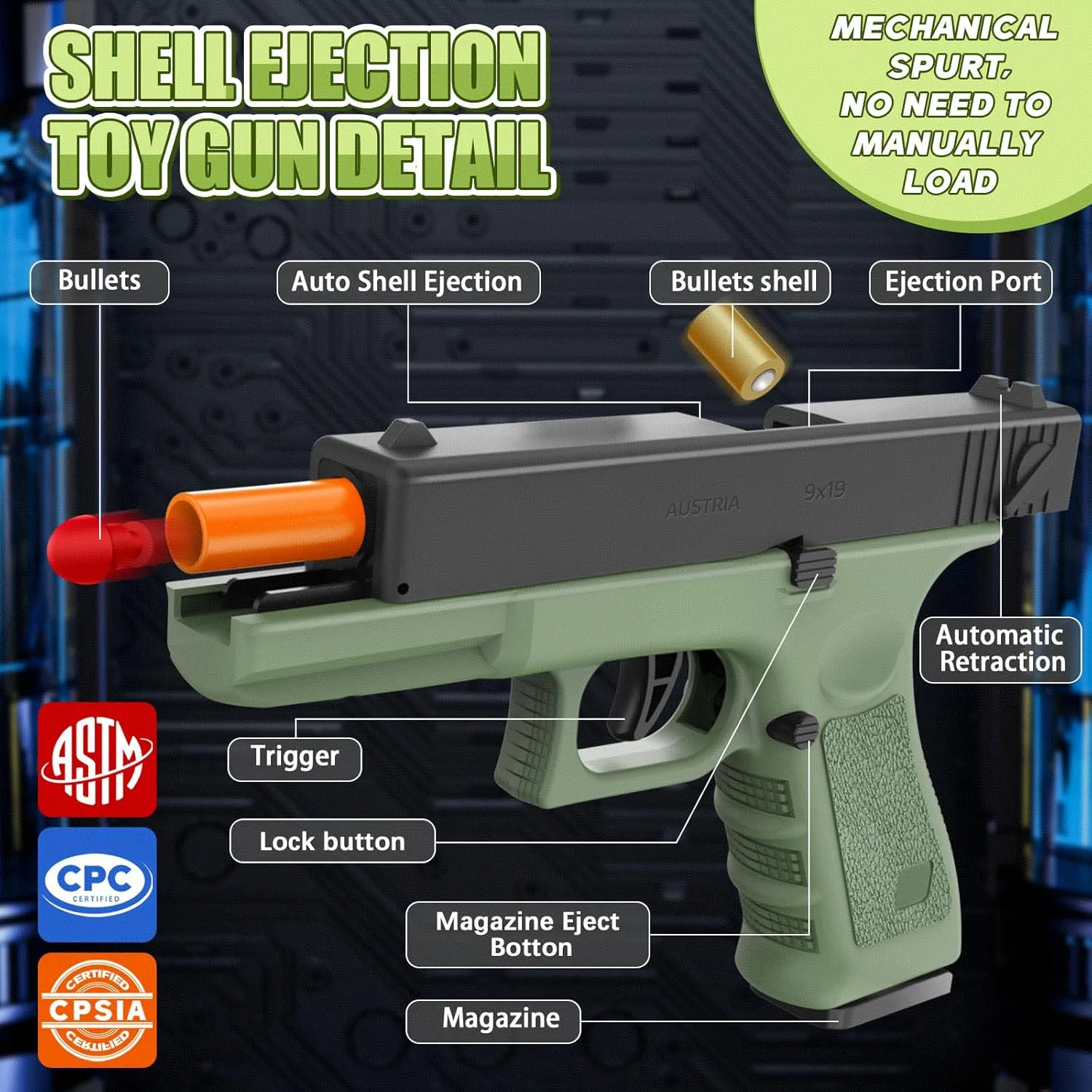 Soft Bullet Toy Gun with Shell Ejecting,Gun Fidget Toy with 100 Soft Bullets, 24 Shells and 2 Magazines,Education Toy Model,Christmas Birthday Gifts for Boys&Girls Kids Adults Age 8 (Green)