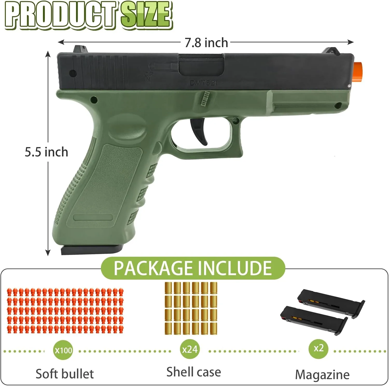 Soft Bullet Toy Gun with Shell Ejecting,Gun Fidget Toy with 100 Soft Bullets, 24 Shells and 2 Magazines,Education Toy Model,Christmas Birthday Gifts for Boys&Girls Kids Adults Age 8 (Green)