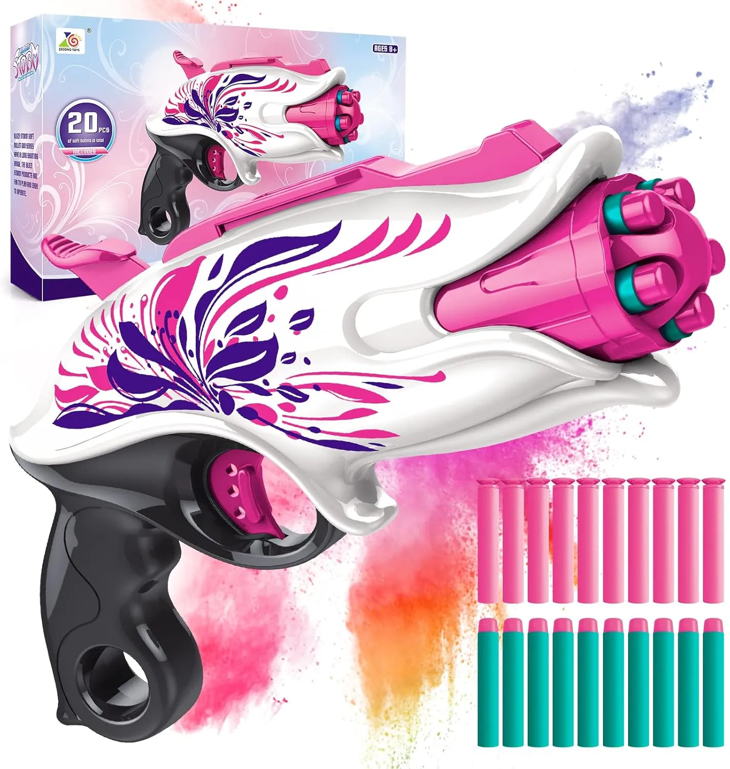 Soft Bullet Toy Pink Dart Blaster, 5-Dart Rotating Drum, 20 Darts, Kids Outdoor Toys Xmas Birthday Gifts for Girls Ages 6  Years Old