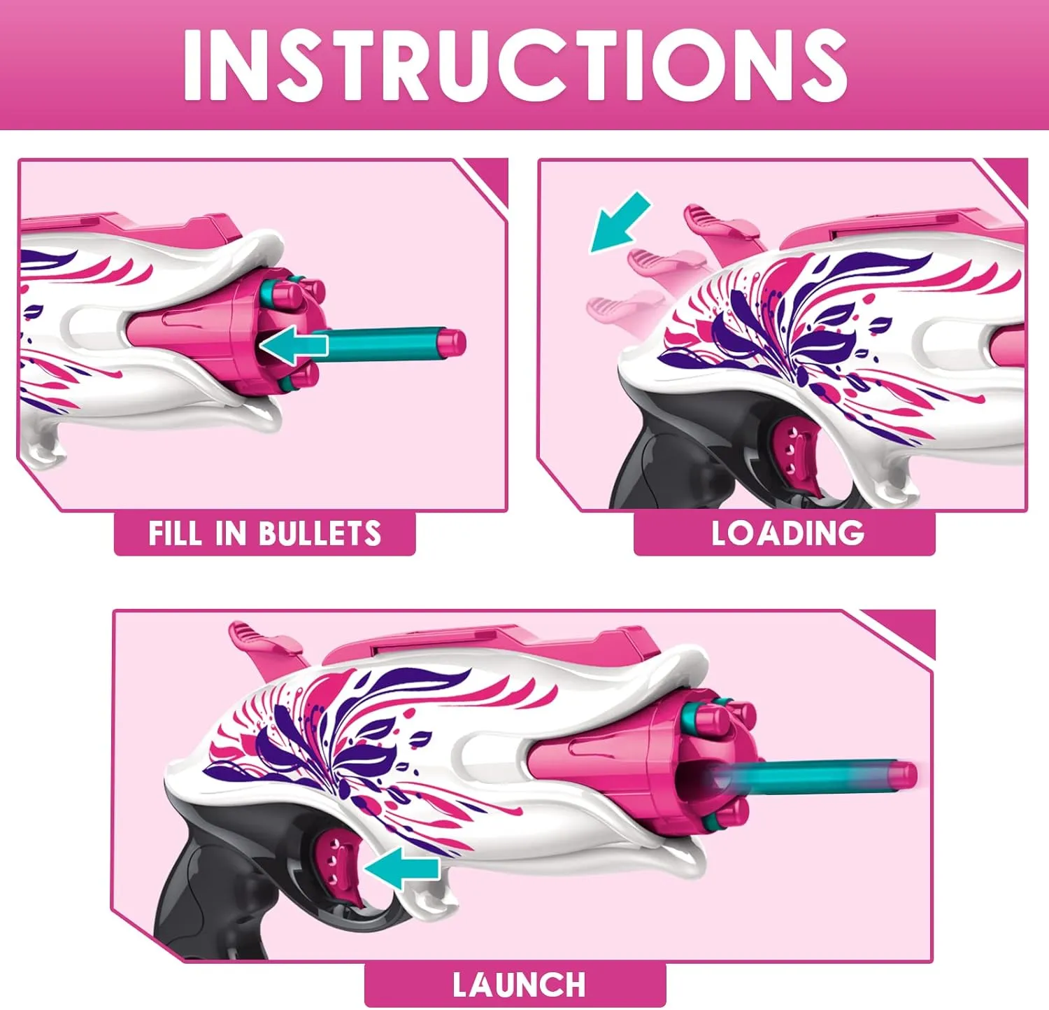 Soft Bullet Toy Pink Dart Blaster, 5-Dart Rotating Drum, 20 Darts, Kids Outdoor Toys Xmas Birthday Gifts for Girls Ages 6  Years Old