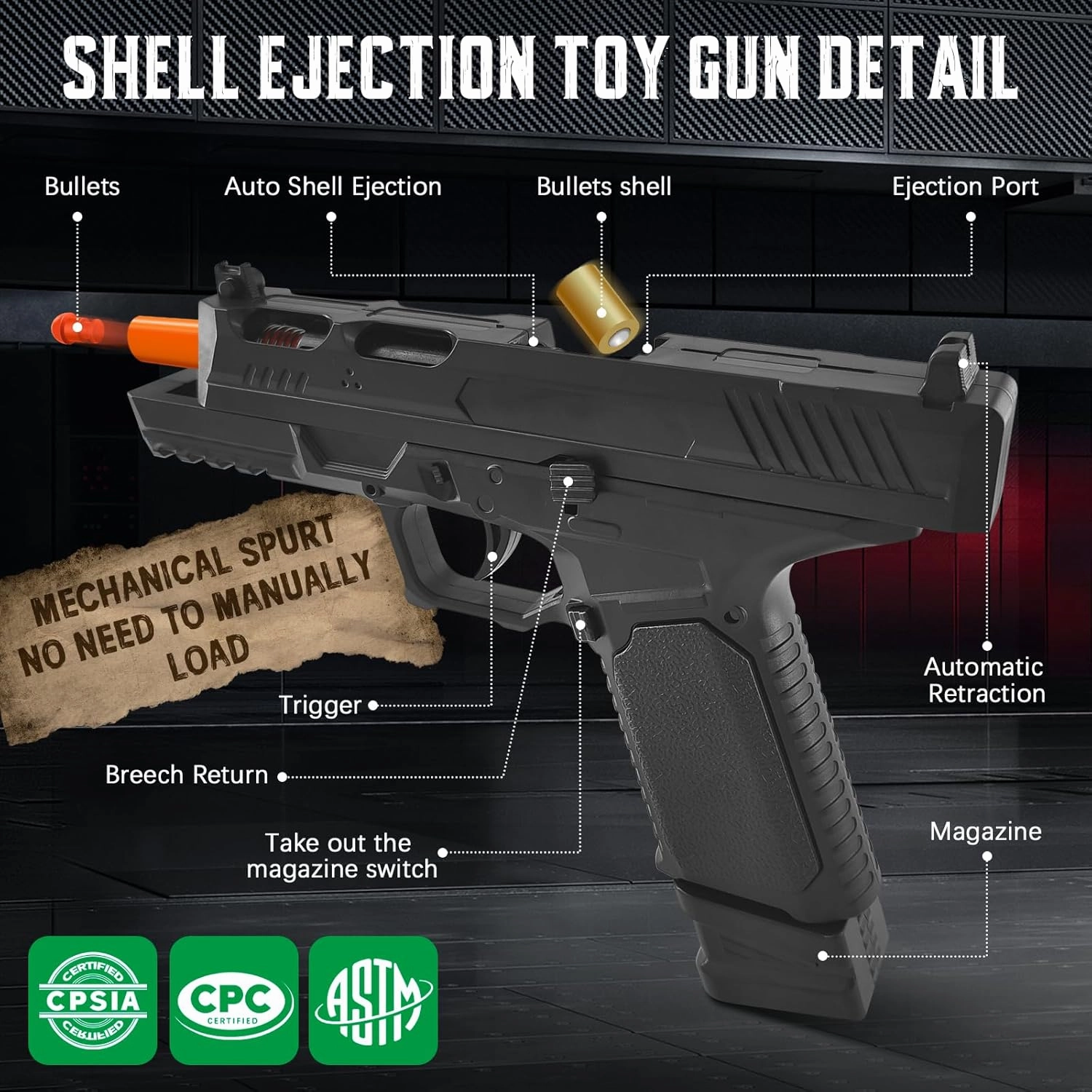 Soft Bullet Toy Gun with Shell Ejecting, Fidget Gun Toy with 120 Soft Bullets,18 Shells, and 2 Magazines, Educational Toy Model, Christmas Birthday Gifts for Boys Girls Kids & Adults Age 8 (Black)
