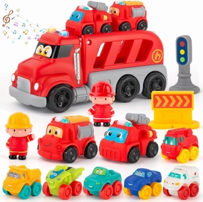 Soft Rubber Toy Figure Car for 1 Year Old Boy 13 PCS Cartoon Cars with Trailor Baby Toys for 12-18 Months & Toddler Age 1-2