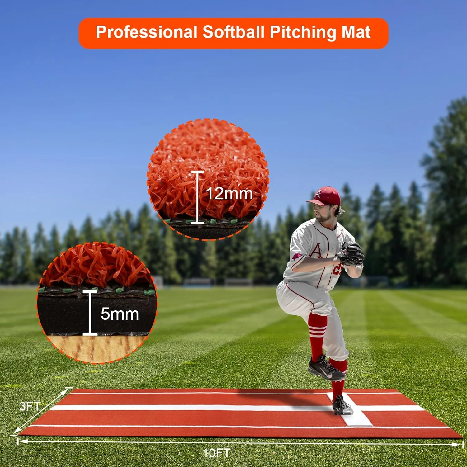 Softball Pitching Mat, 10x3 ft Softball Pitching Mound with Antislip Foam Bottom& Rubber Mound, Baseball Pitching Turf Training Mat for Practice Softball and Baseball Pitch Equipment