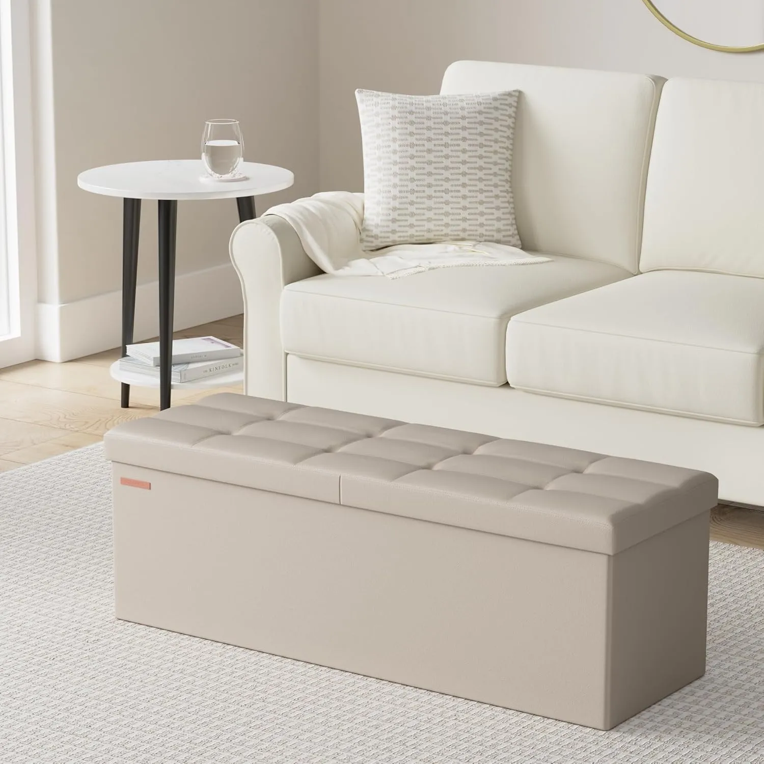 SONGMICS MAZIE Collection - 43 Inches Storage Ottoman Bench with Flipping Lid, Storage Chest with Iron Frame Support, Load 660 lb, for Living Room, Bedroom, Synthetic Leather, Camel Brown ULSF075K03