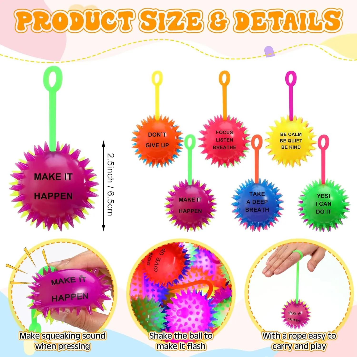 Sotiff 48 Pcs Light up Spiky Ball Motivational LED Bouncy Flashing Squeaky Toy Ball with Rope Stress Relief Rubber Sensory Toy for Glow in Dark Party Carnival Favors, Classroom Prizes for Kids