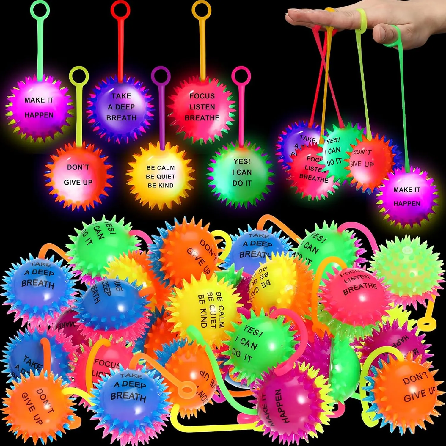 Sotiff 48 Pcs Light up Spiky Ball Motivational LED Bouncy Flashing Squeaky Toy Ball with Rope Stress Relief Rubber Sensory Toy for Glow in Dark Party Carnival Favors, Classroom Prizes for Kids