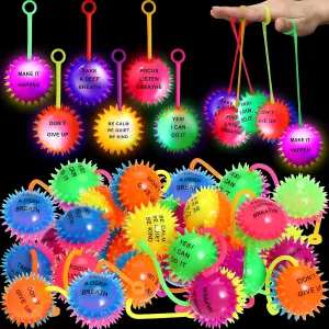 Sotiff 48 Pcs Light up Spiky Ball Motivational LED Bouncy Flashing Squeaky Toy Ball with Rope Stress Relief Rubber Sensory Toy for Glow in Dark Party Carnival Favors, Classroom Prizes for Kids