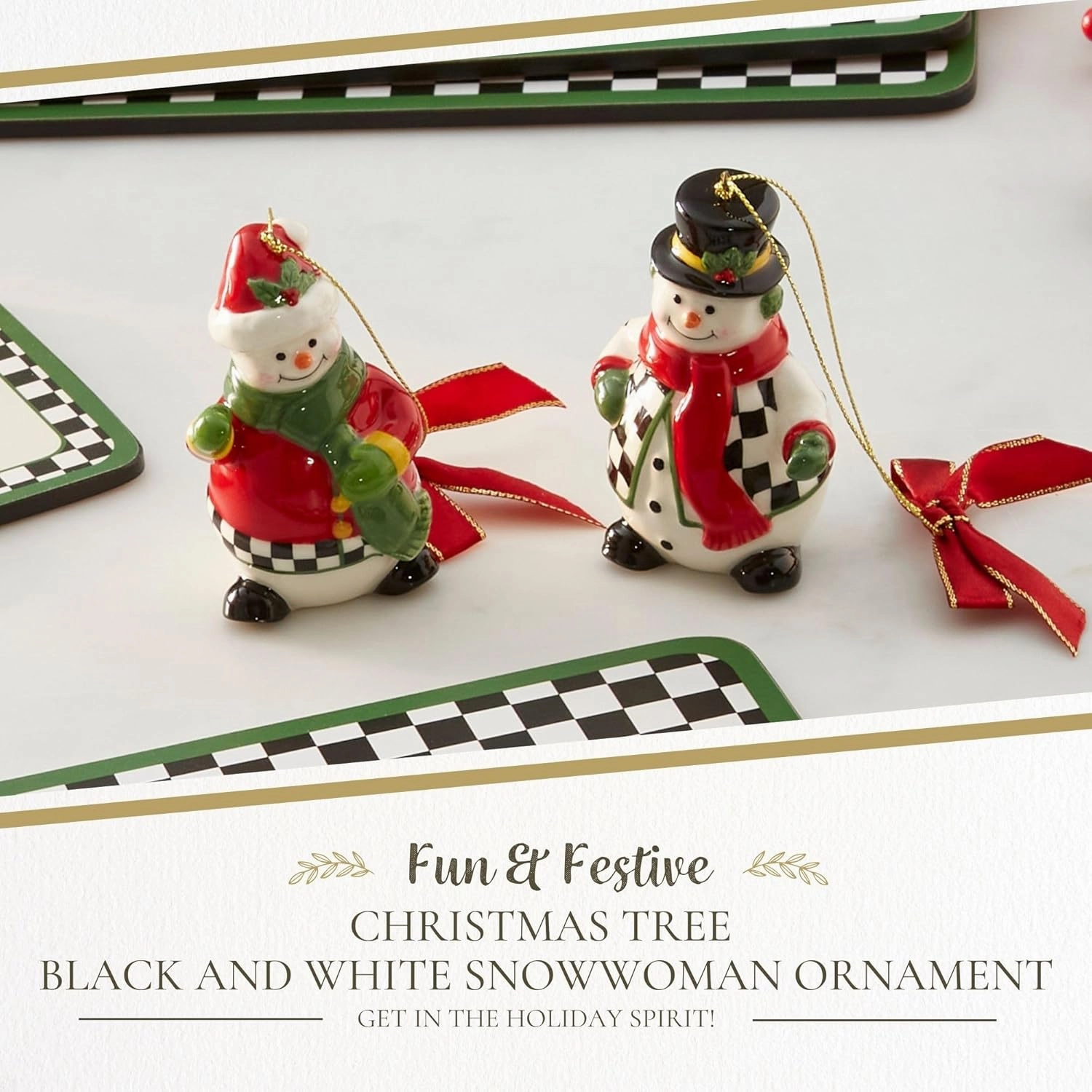 Spode Christmas Tree Ornament, Hanging Xmas Bauble, Black & White Snowwoman, Holiday Festive Collectible Gift