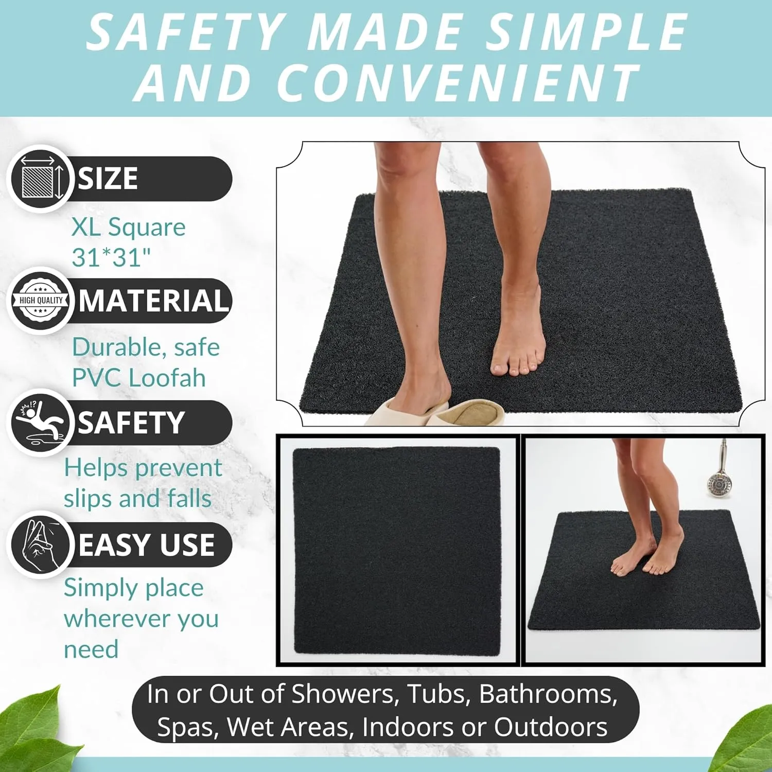 Square Shower Mat - Non Slip Extra Large 31x31 - Secure Anti Slip Loofah Shower Bath Mat (31x31 Black)