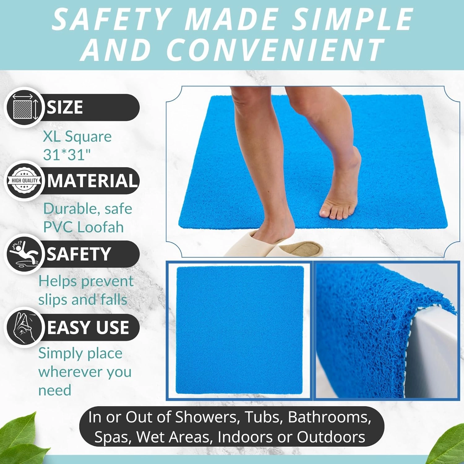 Square Shower Mat - Non Slip Shower Mats for Inside Shower - Extra Large 31x31 Shower Floor Mat Non Slip - Square Bath Mat for Shower - Secure Anti Slip Loofah Shower Bath Mat (31x31 Blue)