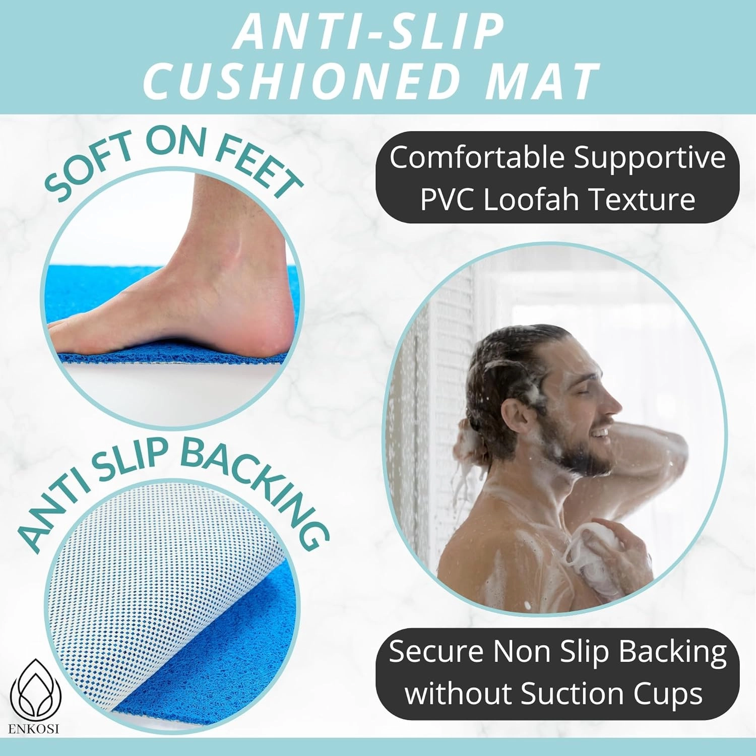 Square Shower Mat - Non Slip Shower Mats for Inside Shower - Extra Large 31x31 Shower Floor Mat Non Slip - Square Bath Mat for Shower - Secure Anti Slip Loofah Shower Bath Mat (31x31 Blue)