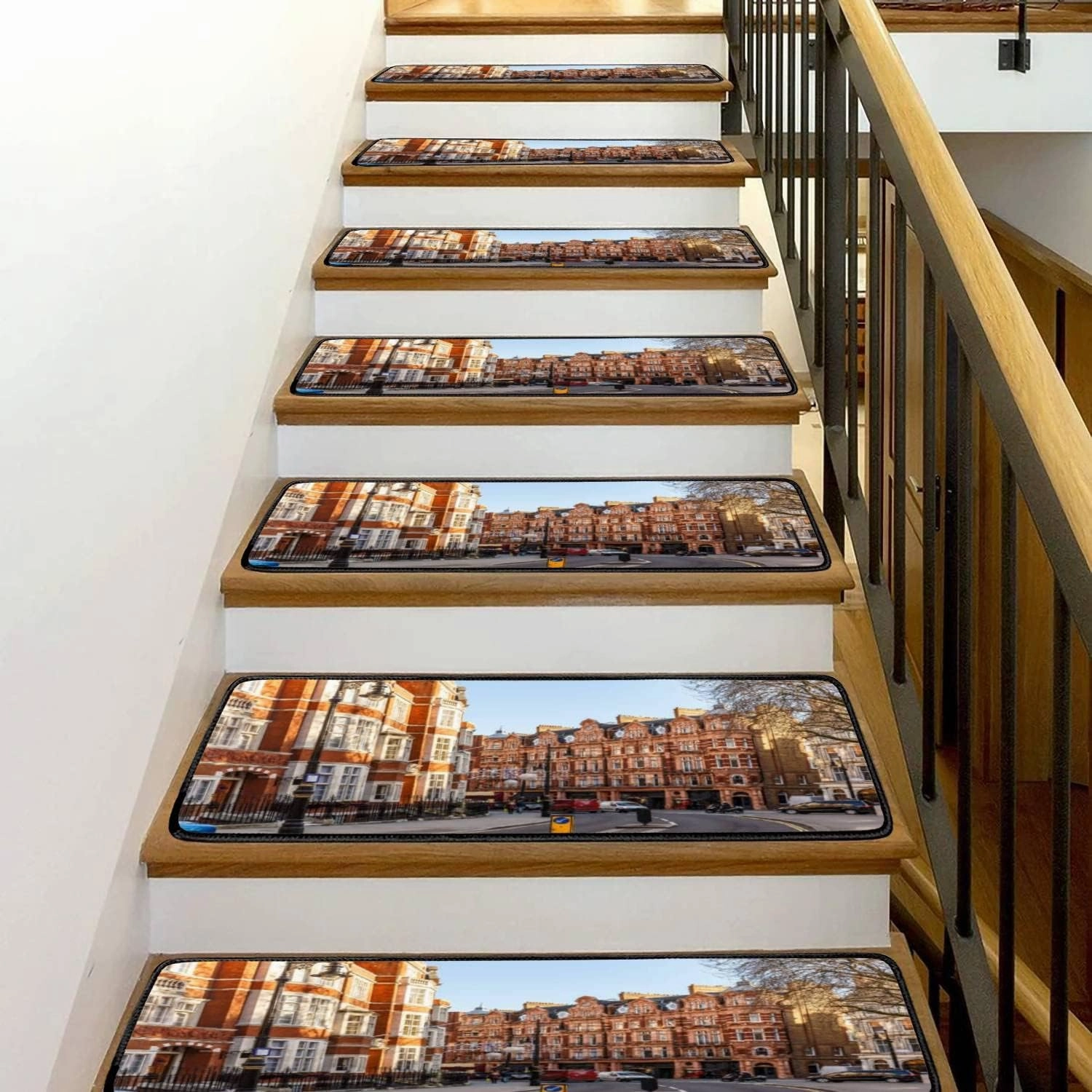 Stair Treads Carpet Set of 13 Classic red Brick Building Mayfair London Non-Slip Self-Adhesive Safety Rug Stair Mats Step Runner Indoor Wooden Steps for Kids Dogs 30"x8"