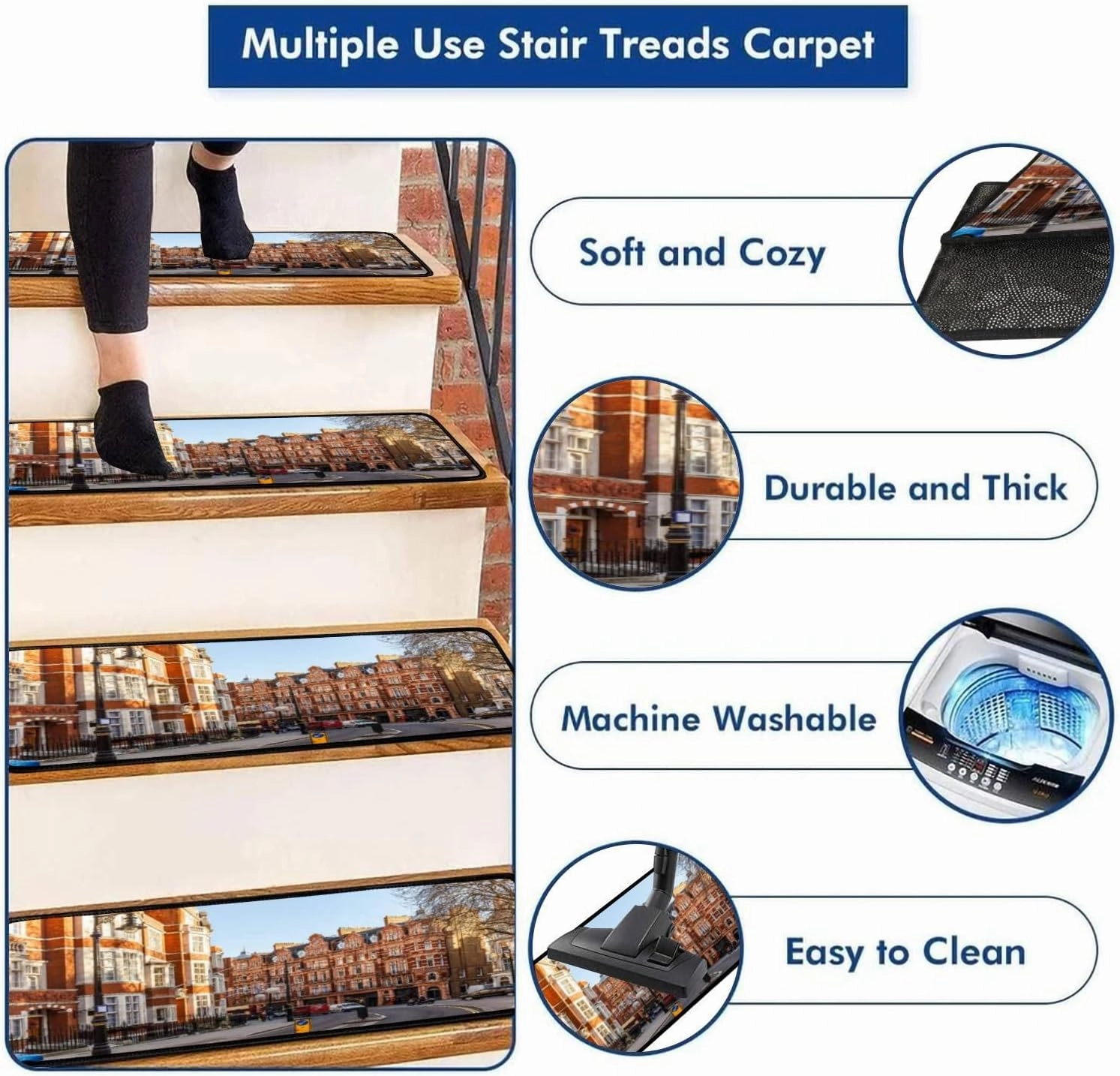 Stair Treads Carpet Set of 13 Classic red Brick Building Mayfair London Non-Slip Self-Adhesive Safety Rug Stair Mats Step Runner Indoor Wooden Steps for Kids Dogs 30"x8"