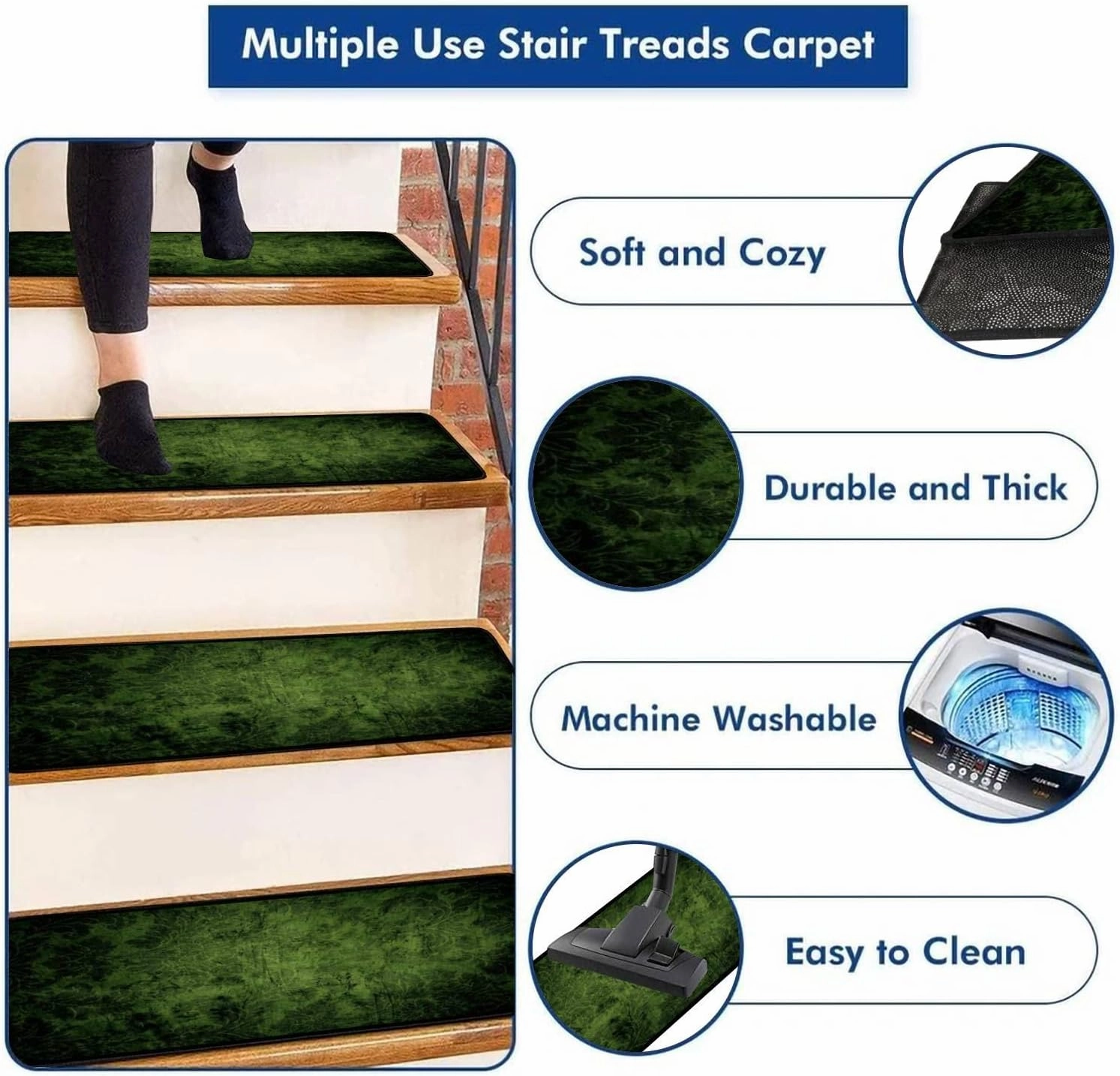 Stair Treads Carpet Set of 13 Olive Green Victorian Non-Slip Self-Adhesive Safety Rug Stair Mats Step Runner Indoor Wooden Steps for Kids Dogs 30"x8"