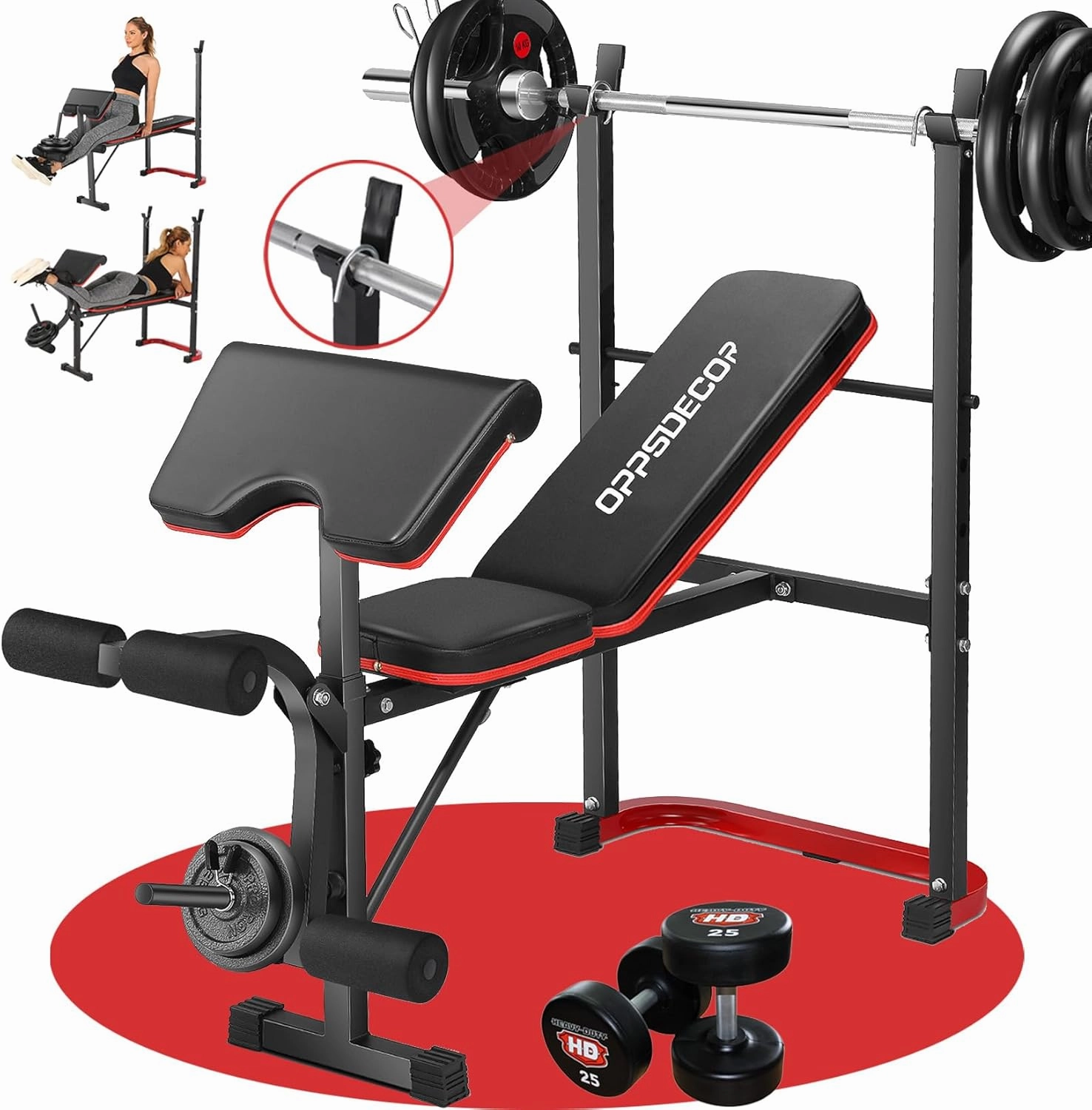 Standard Weight Bench Set with Leg Extension and Leg Curl, 660 LBS Adjustable Bench Press Set with Preacher Curl Pad, Flat Incline Workout Bench for Home Gym, Strength Training Machine for Teens