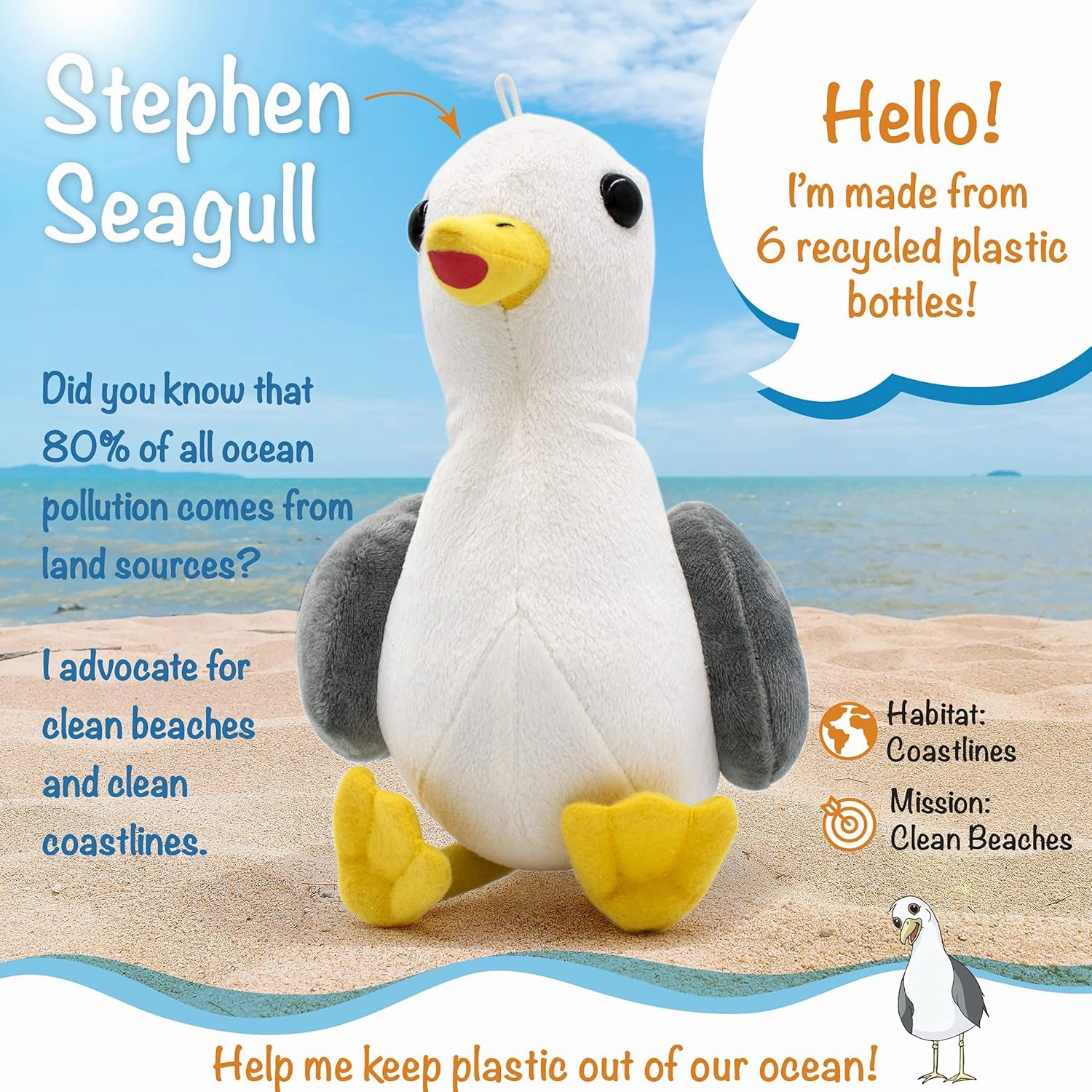Stephen Seagull - 12" Plush Toy w/Authentic Animal Sounds, Donation Made w/Purchase, Stuffed Animal for Kids Babies & Toddlers