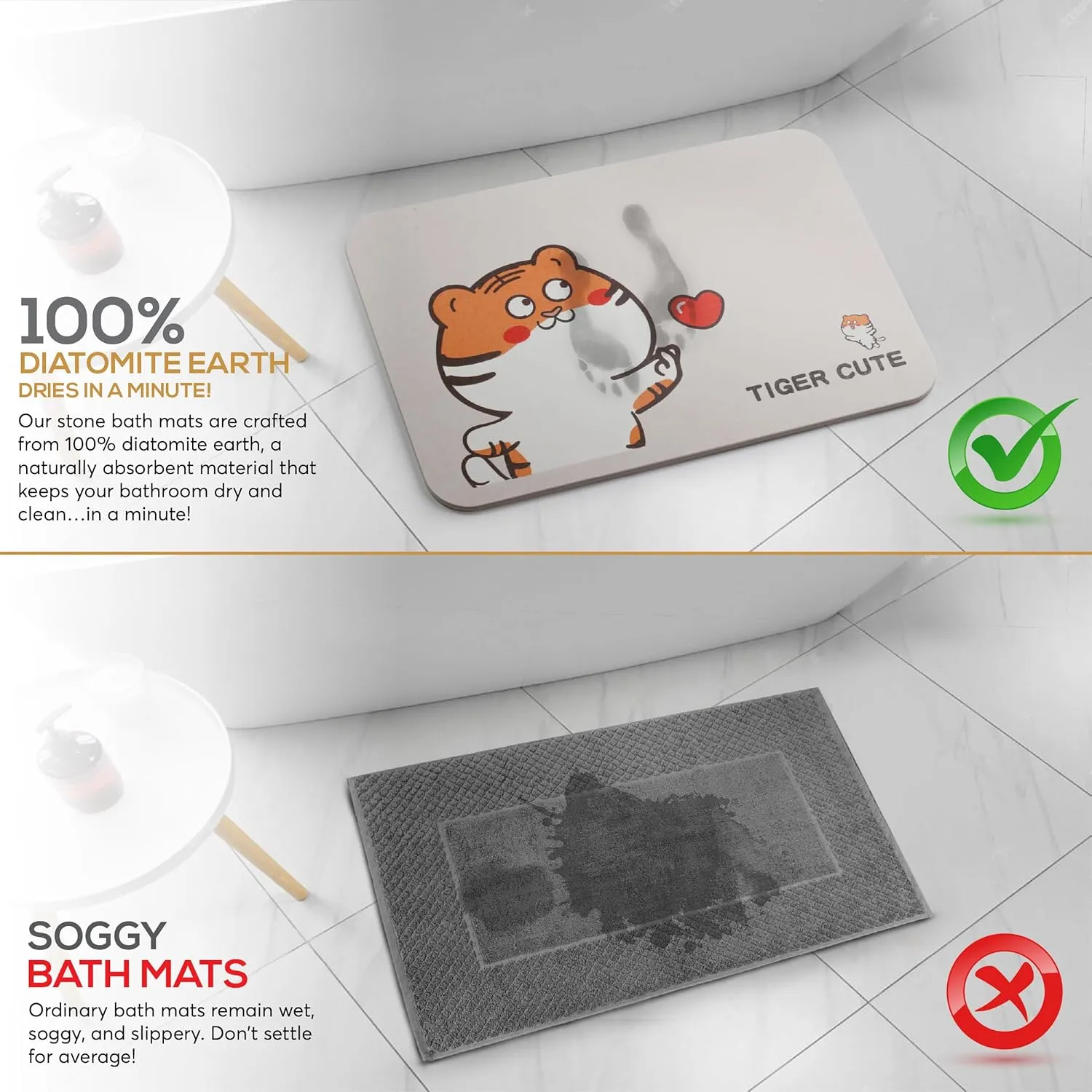 Stone Bath Mat - Diatomaceous Earth - 23.6x15.3 inch - Quick Dry and Non-Slip Shower Stone Bath Mats for Bathroom - Durable Bath Stone Mat Large in Multiple Designs and Colors (Cute Cub)