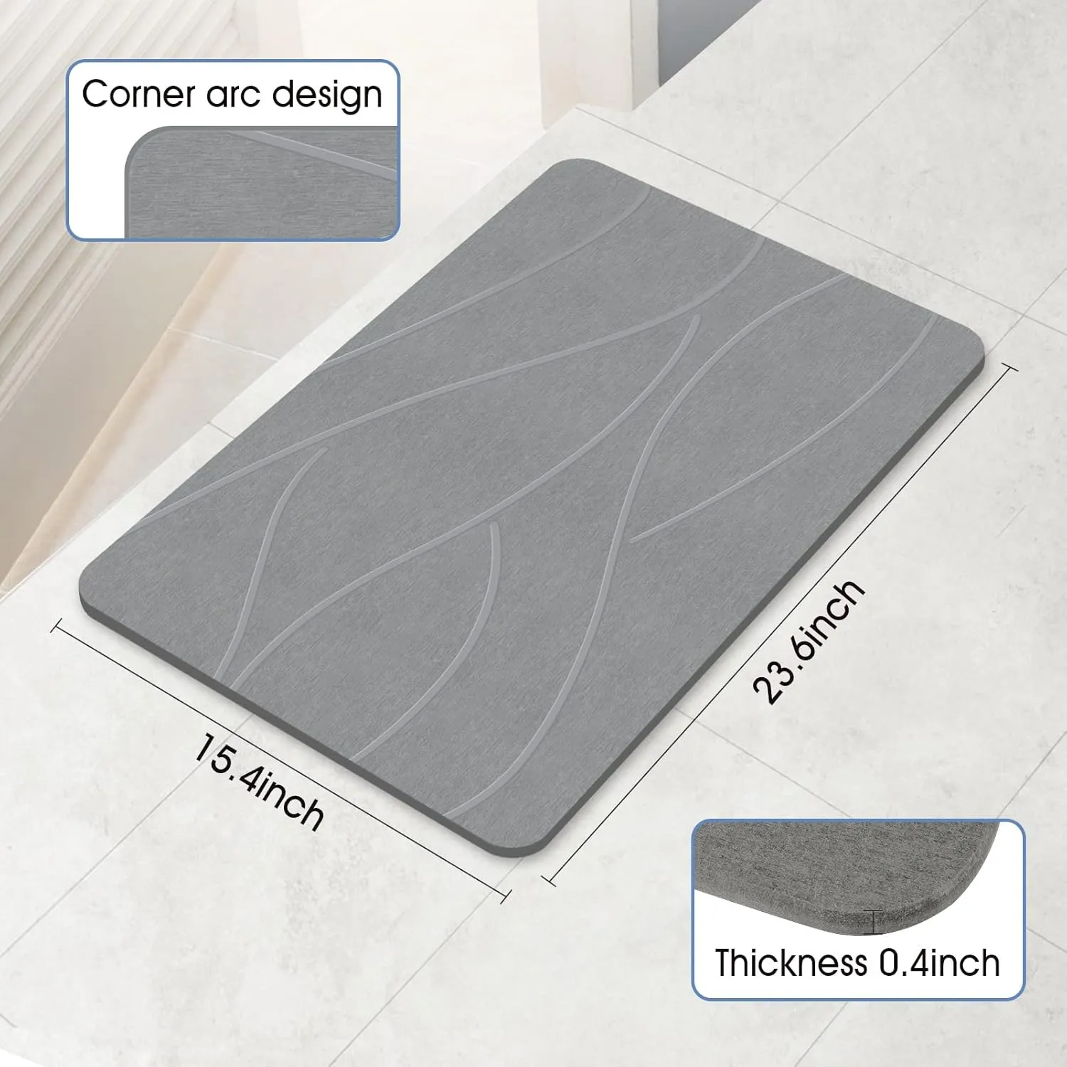 Stone Bath Mat Diatomaceous Earth Shower Mat Non-Slip Super Absorbent Diatomite Stone Bath Mats for Bathroom Floor Quick Drying Natural Easy to Clean(23.6''×15.4" Gray)