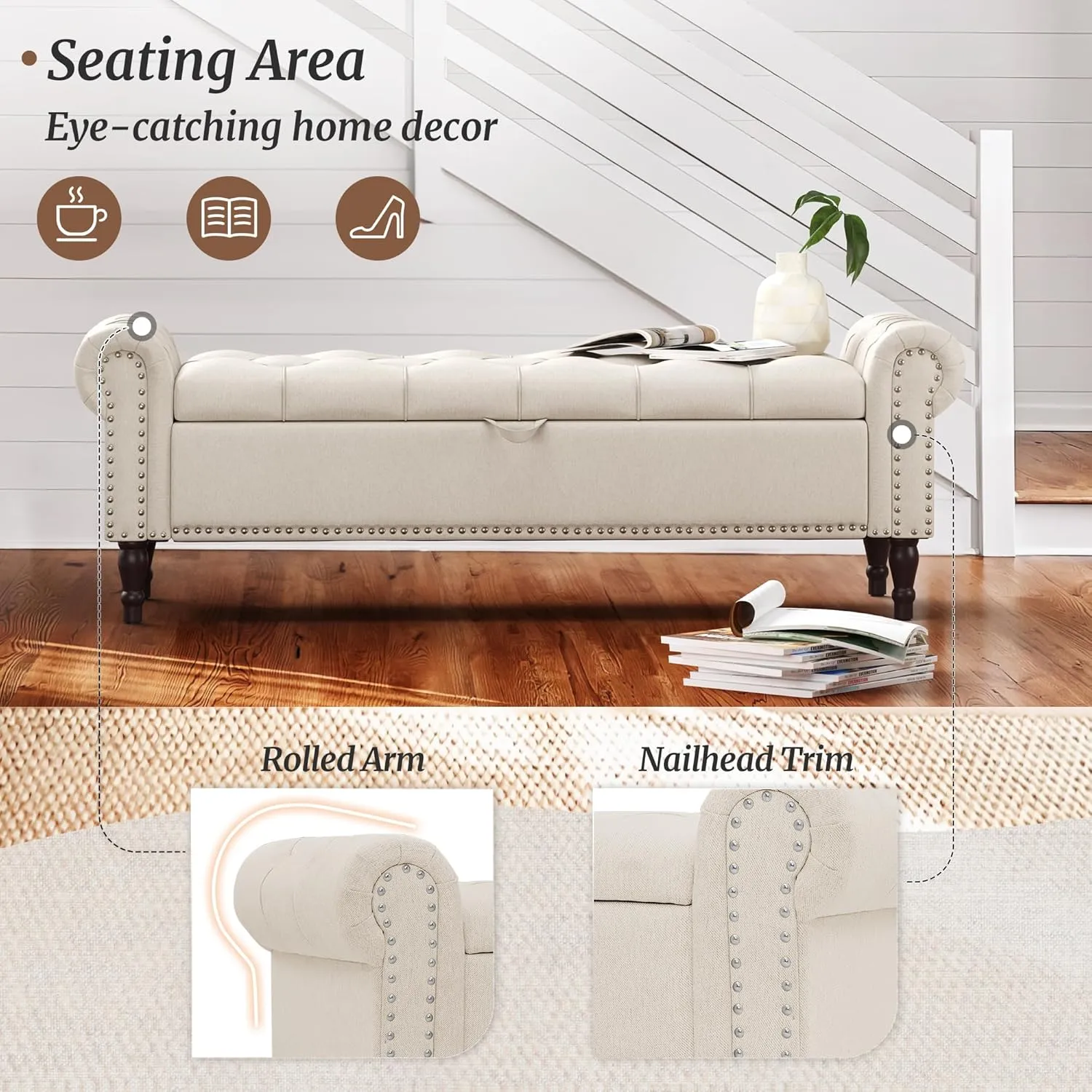 Storage Bench Ottoman, 62" King Linen Rolled Arm Bedroom End of Bed Bench, Window Bench with Button Tufted and Nailhead Trim for Foot of Bed Bench, Bedroom, Entryway, Living Room, Linen Color