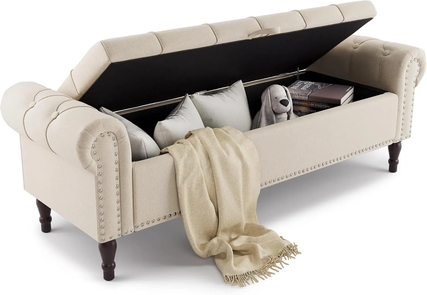 Storage Bench Ottoman, 62" King Linen Rolled Arm Bedroom End of Bed Bench, Window Bench with Button Tufted and Nailhead Trim for Foot of Bed Bench, Bedroom, Entryway, Living Room, Linen Color