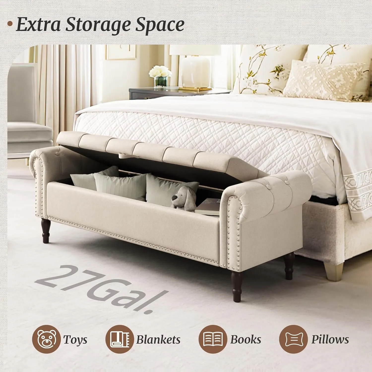 Storage Bench Ottoman, 62" King Linen Rolled Arm Bedroom End of Bed Bench, Window Bench with Button Tufted and Nailhead Trim for Foot of Bed Bench, Bedroom, Entryway, Living Room, Linen Color