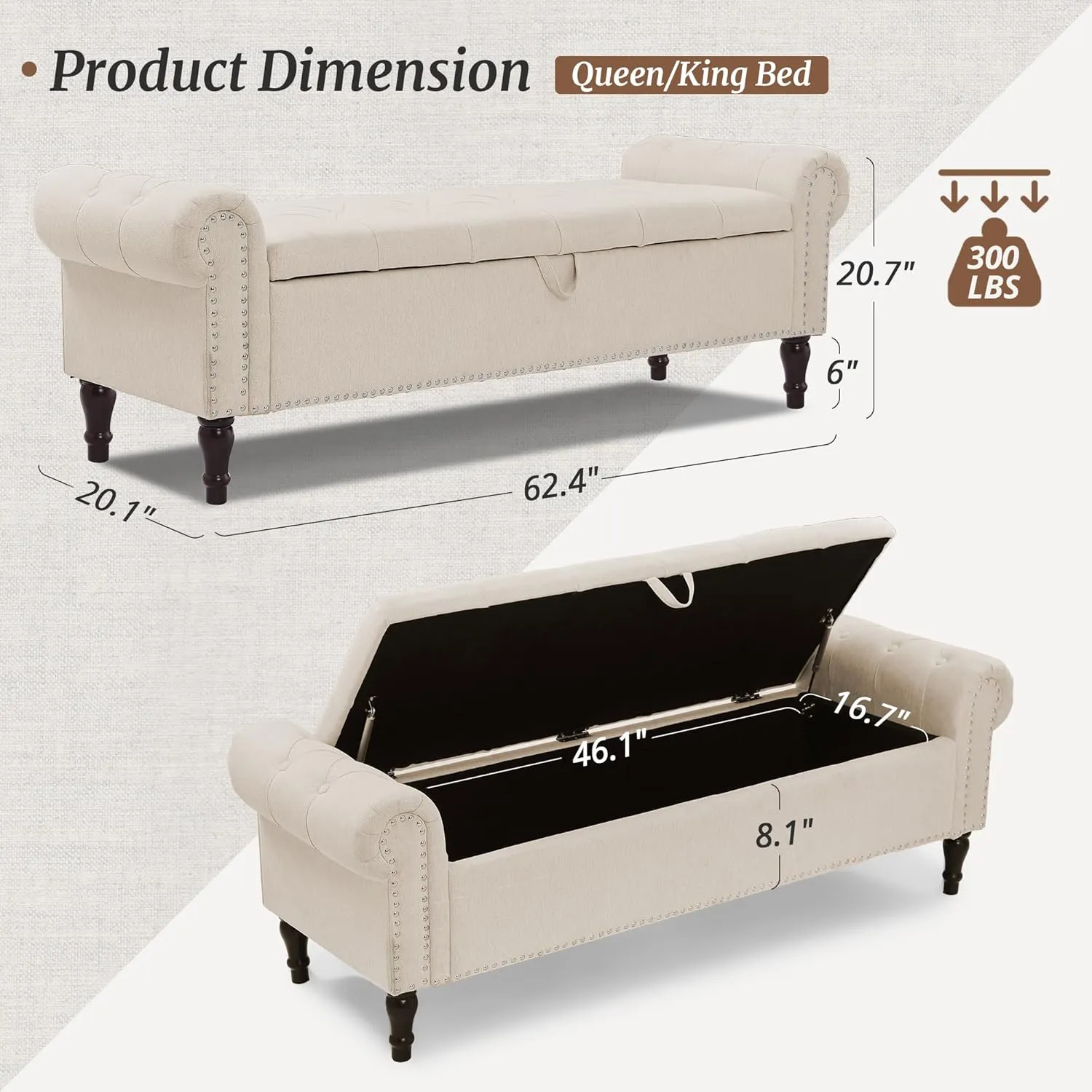 Storage Bench Ottoman, 62" King Linen Rolled Arm Bedroom End of Bed Bench, Window Bench with Button Tufted and Nailhead Trim for Foot of Bed Bench, Bedroom, Entryway, Living Room, Linen Color