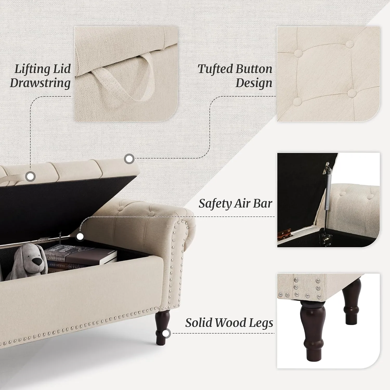 Storage Bench Ottoman, 62" King Linen Rolled Arm Bedroom End of Bed Bench, Window Bench with Button Tufted and Nailhead Trim for Foot of Bed Bench, Bedroom, Entryway, Living Room, Linen Color