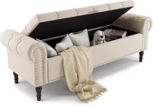 Storage Bench Ottoman, 62" King Linen Rolled Arm Bedroom End of Bed Bench, Window Bench with Button Tufted and Nailhead Trim for Foot of Bed Bench, Bedroom, Entryway, Living Room, Linen Color