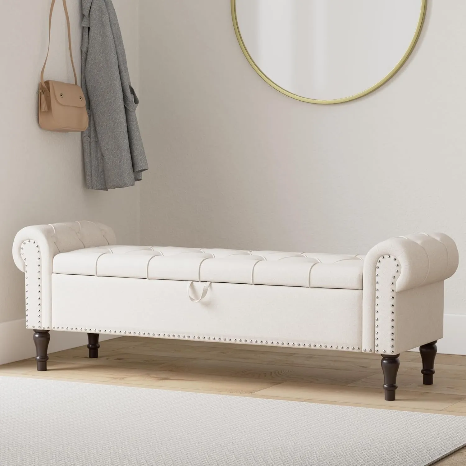 Storage Bench Ottoman, 62" King Linen Rolled Arm Bedroom End of Bed Bench, Window Bench with Button Tufted and Nailhead Trim for Foot of Bed Bench, Bedroom, Entryway, Living Room, Linen Color