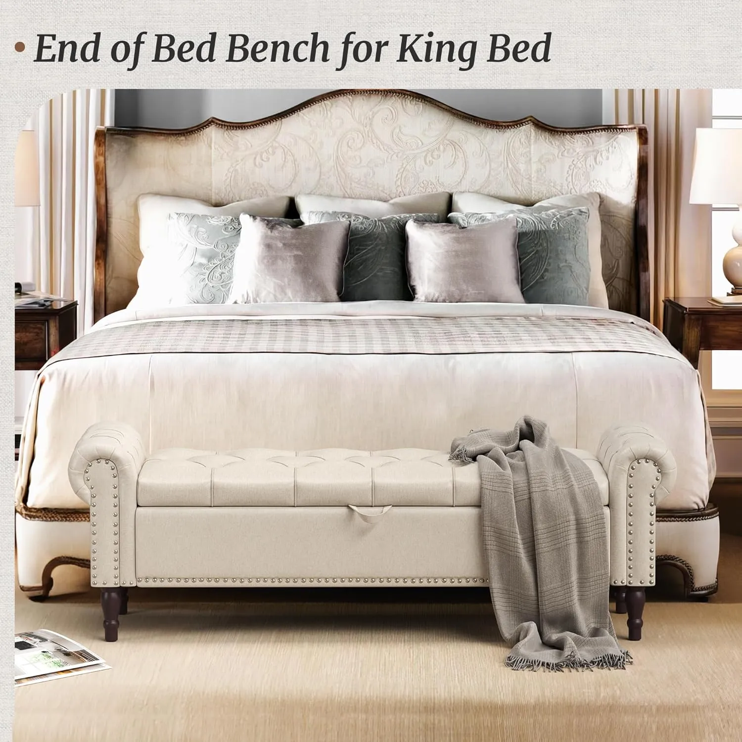 Storage Bench Ottoman, 62" King Linen Rolled Arm Bedroom End of Bed Bench, Window Bench with Button Tufted and Nailhead Trim for Foot of Bed Bench, Bedroom, Entryway, Living Room, Linen Color