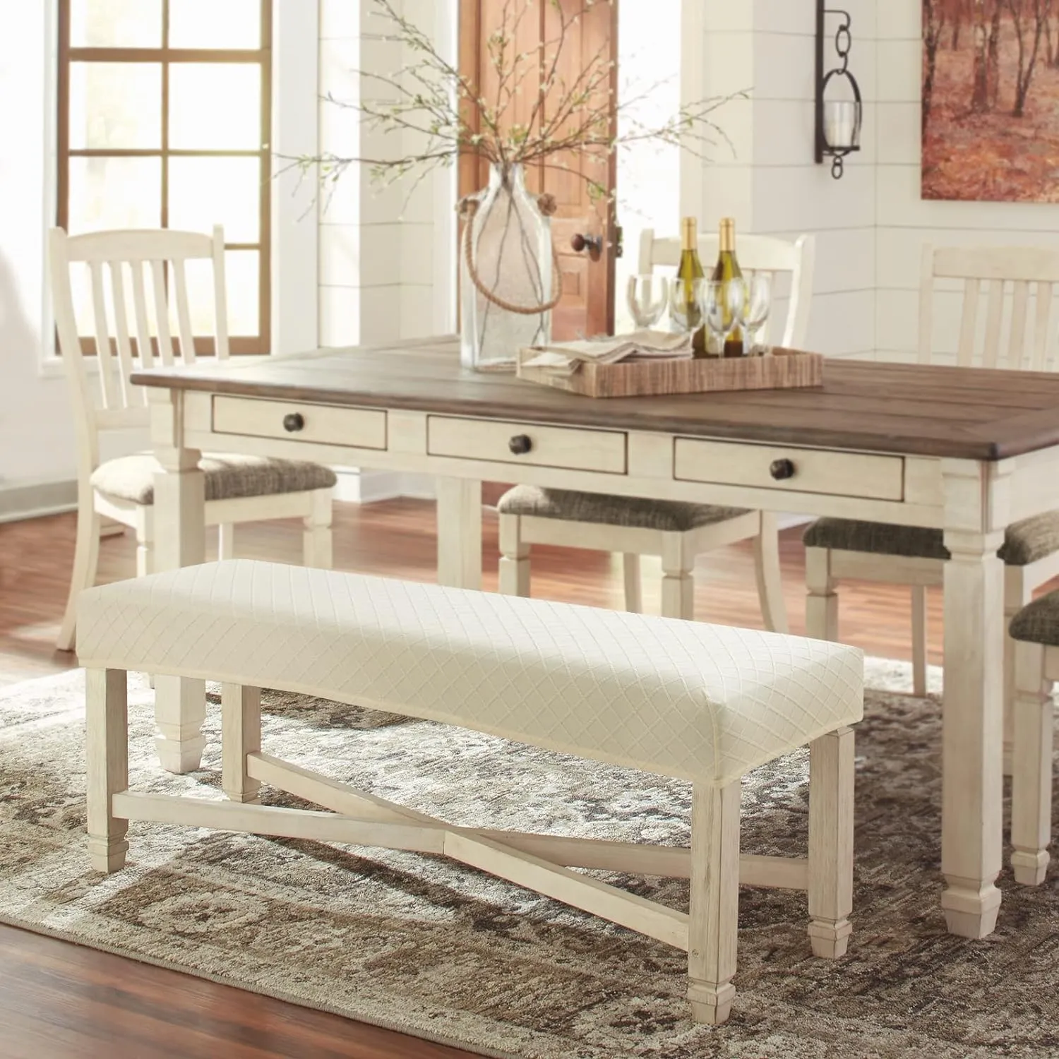 Stretch Jacquard Dining Bench Cover - Anti-Dust Removable Bench Slipcover Washable Seat Cushion Protector for Bedroom, Kitchen, Hotel, Banquet (Beige)