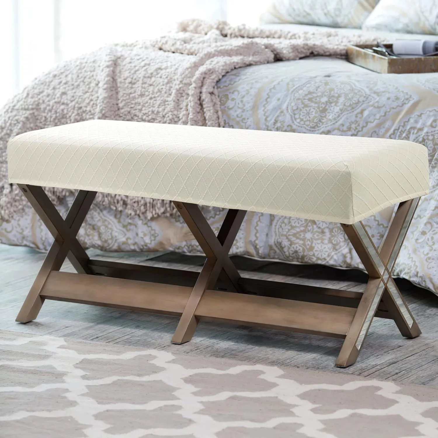 Stretch Jacquard Dining Bench Cover - Anti-Dust Removable Bench Slipcover Washable Seat Cushion Protector for Bedroom, Kitchen, Hotel, Banquet (Beige)