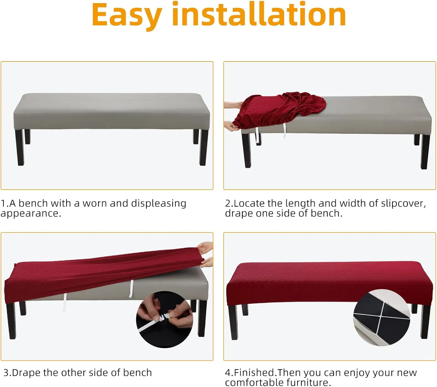 Stretch Jacquard Dining Bench Cover - Anti-Dust Removable Bench Slipcover Washable Seat Cushion Protector for Bedroom, Kitchen, Hotel, Banquet (Burgundy)
