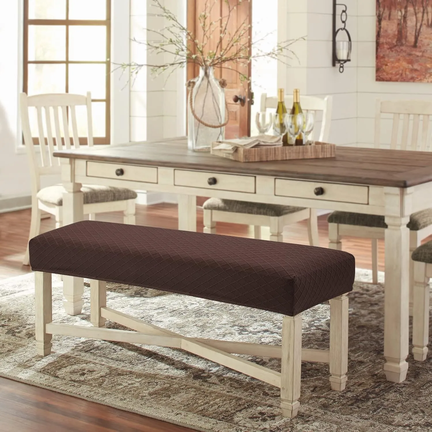 Stretch Jacquard Dining Bench Cover - Anti-Dust Removable Bench Slipcover Washable Seat Cushion Protector for Bedroom, Kitchen, Hotel, Banquet (Chocolate)