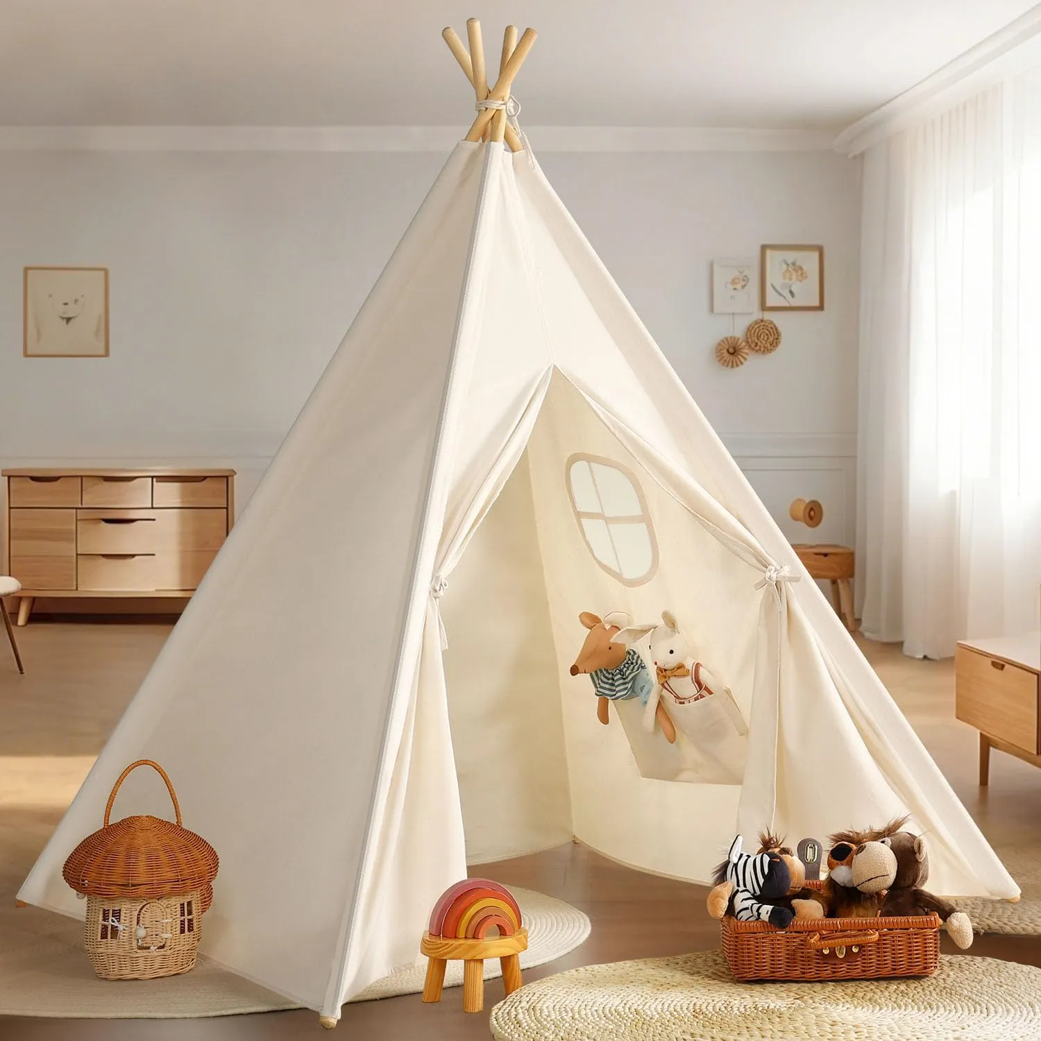 Sumbababy Teepee Tent for Kids Indoor - Natural Canvas Kids Play Tent - Washable Tipi Sleepover Tents with Lights & Carry Bag, Outdoor Toddler Tents for Girls & Boys - Foldable Playroom Gift Toys