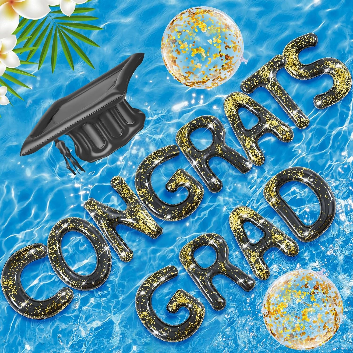 Sumind 15 Pcs Congrats Grad 2025 Pool Float 20" Inflatable Letter Pool Float Glitter Grad Party Decor Graduation Decoration Set with Graduation Beach Ball Hat for Beach(Black Gold)