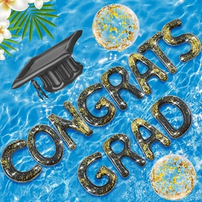 Sumind 15 Pcs Congrats Grad 2025 Pool Float 20" Inflatable Letter Pool Float Glitter Grad Party Decor Graduation Decoration Set with Graduation Beach Ball Hat for Beach(Black Gold)