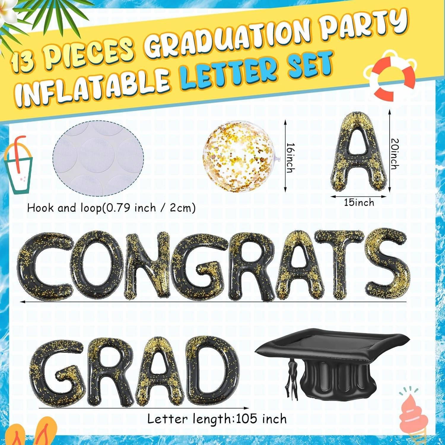 Sumind 15 Pcs Congrats Grad 2025 Pool Float 20" Inflatable Letter Pool Float Glitter Grad Party Decor Graduation Decoration Set with Graduation Beach Ball Hat for Beach(Black Gold)