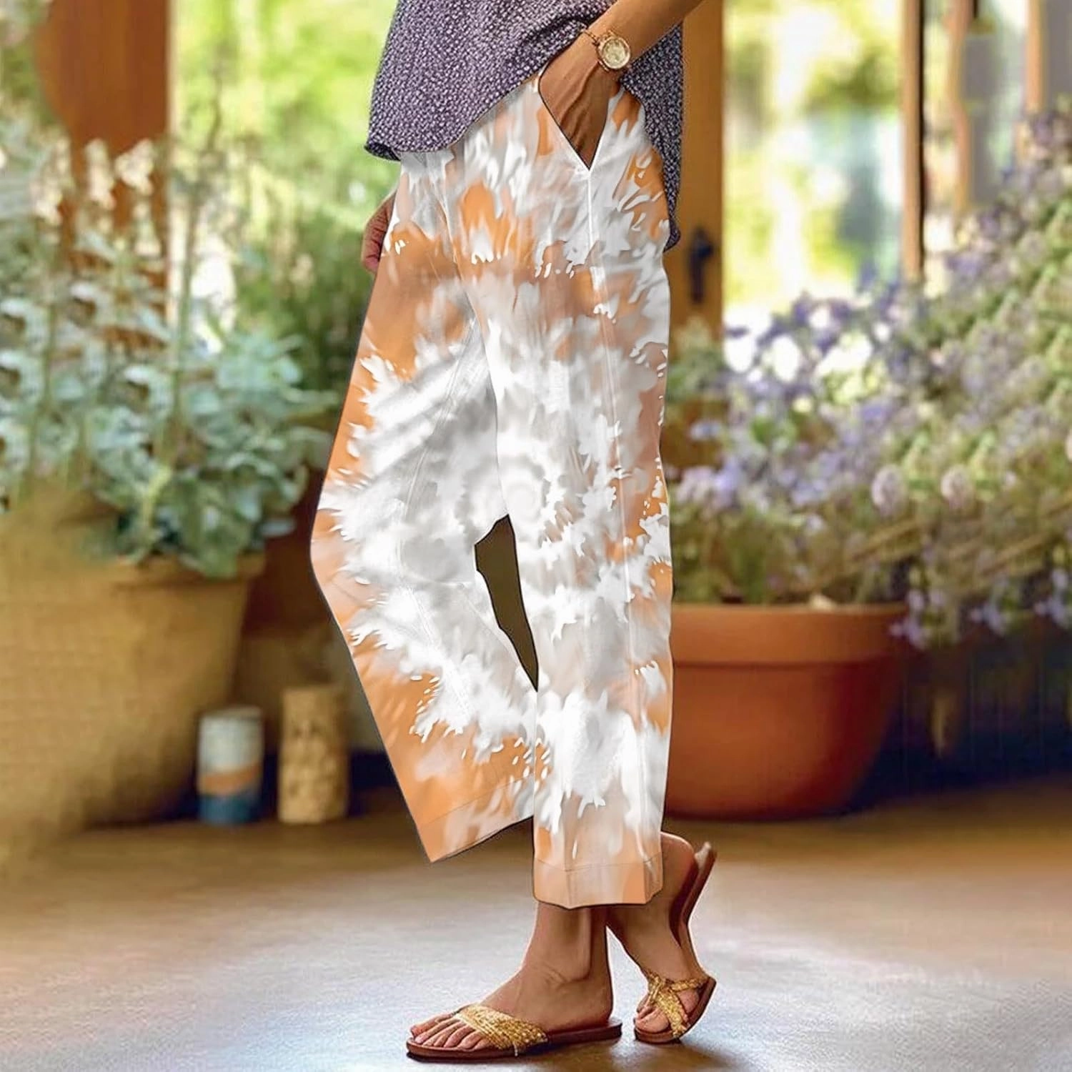 Summer Pants for Women 2025 Vacation Casual Boho Floral Print Cotton Linen Pants Fashion Wide Leg Stripe Lounge Pant