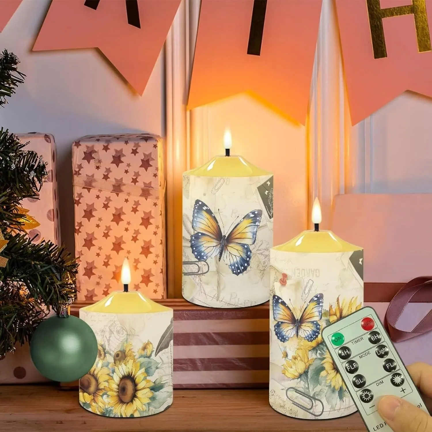 Sunflower Flameless Candles Set of 3 Butterfly Candles Battery Operated Floral Luminara Flameless Candles Flickering Outdoor LED Timer Candles Tabletop Decor