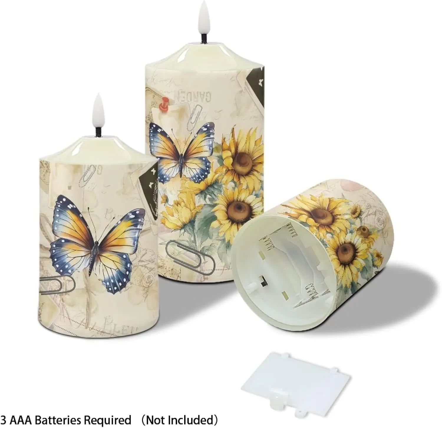Sunflower Flameless Candles Set of 3 Butterfly Candles Battery Operated Floral Luminara Flameless Candles Flickering Outdoor LED Timer Candles Tabletop Decor