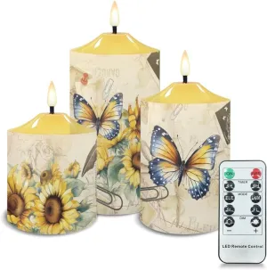 Sunflower Flameless Candles Set of 3 Butterfly Candles Battery Operated Floral Luminara Flameless Candles Flickering Outdoor LED Timer Candles Tabletop Decor