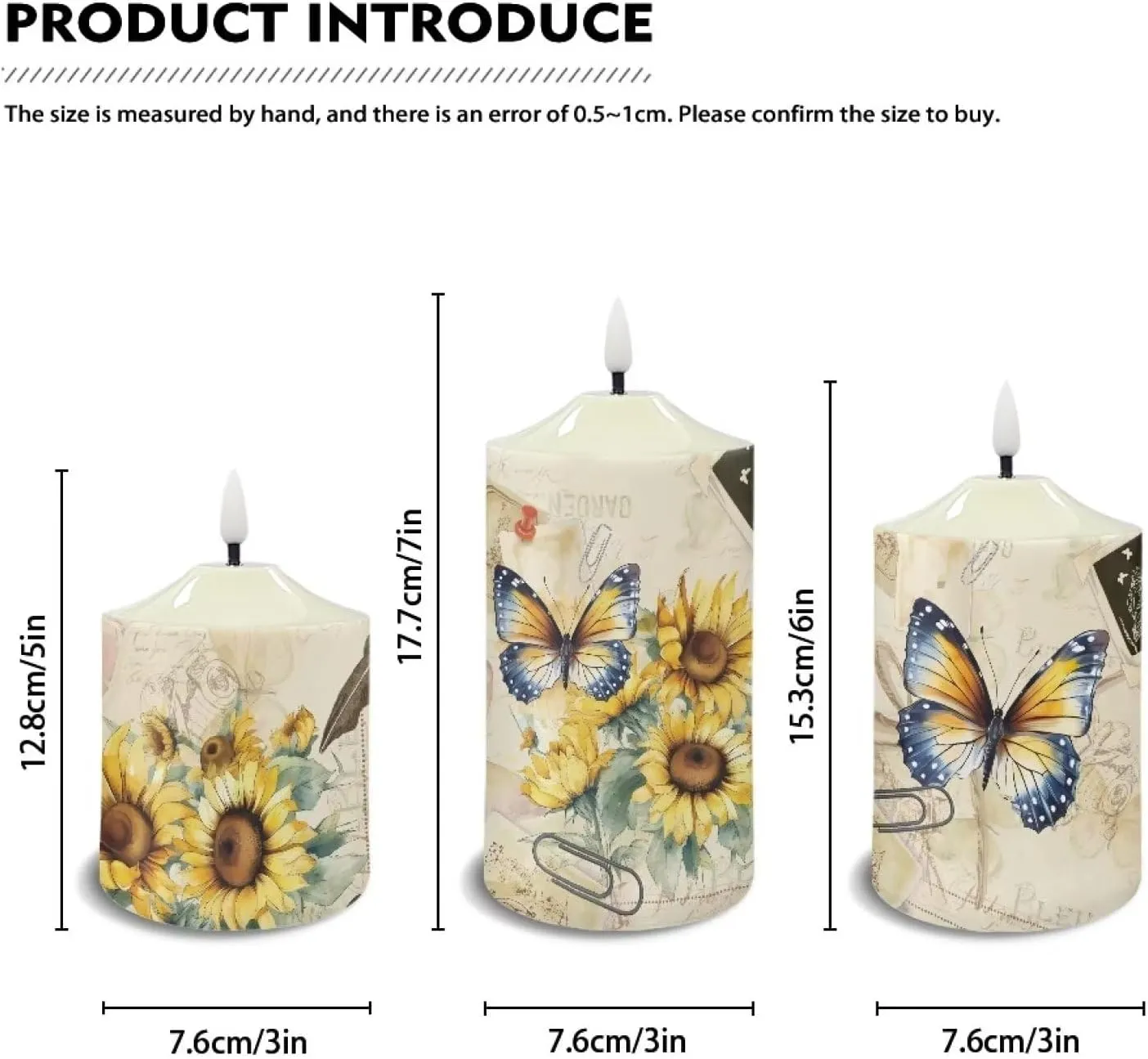 Sunflower Flameless Candles Set of 3 Butterfly Candles Battery Operated Floral Luminara Flameless Candles Flickering Outdoor LED Timer Candles Tabletop Decor