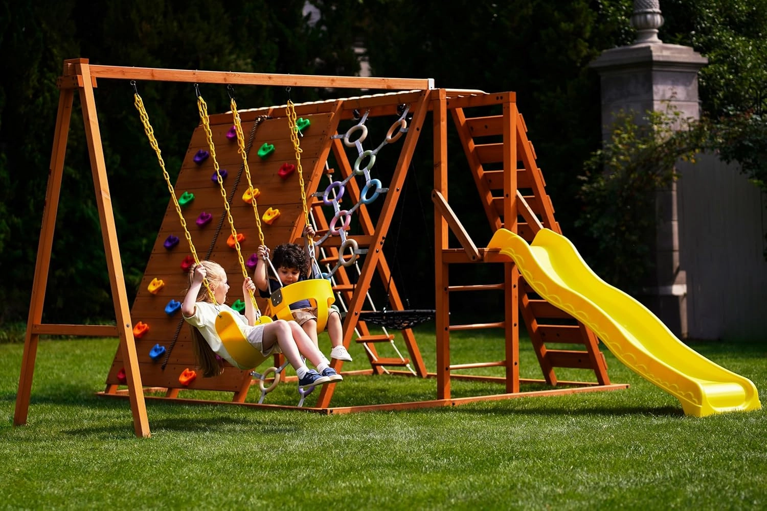 Sycamore Backyard Ultimate Climbing Set with 2 Swings and Trapeze Bar - Outdoor Playset for Kids with Gymnastics Bar, Rock Climbing Holds, and Sensory Playground Accessories - Wooden Swingset for Ages