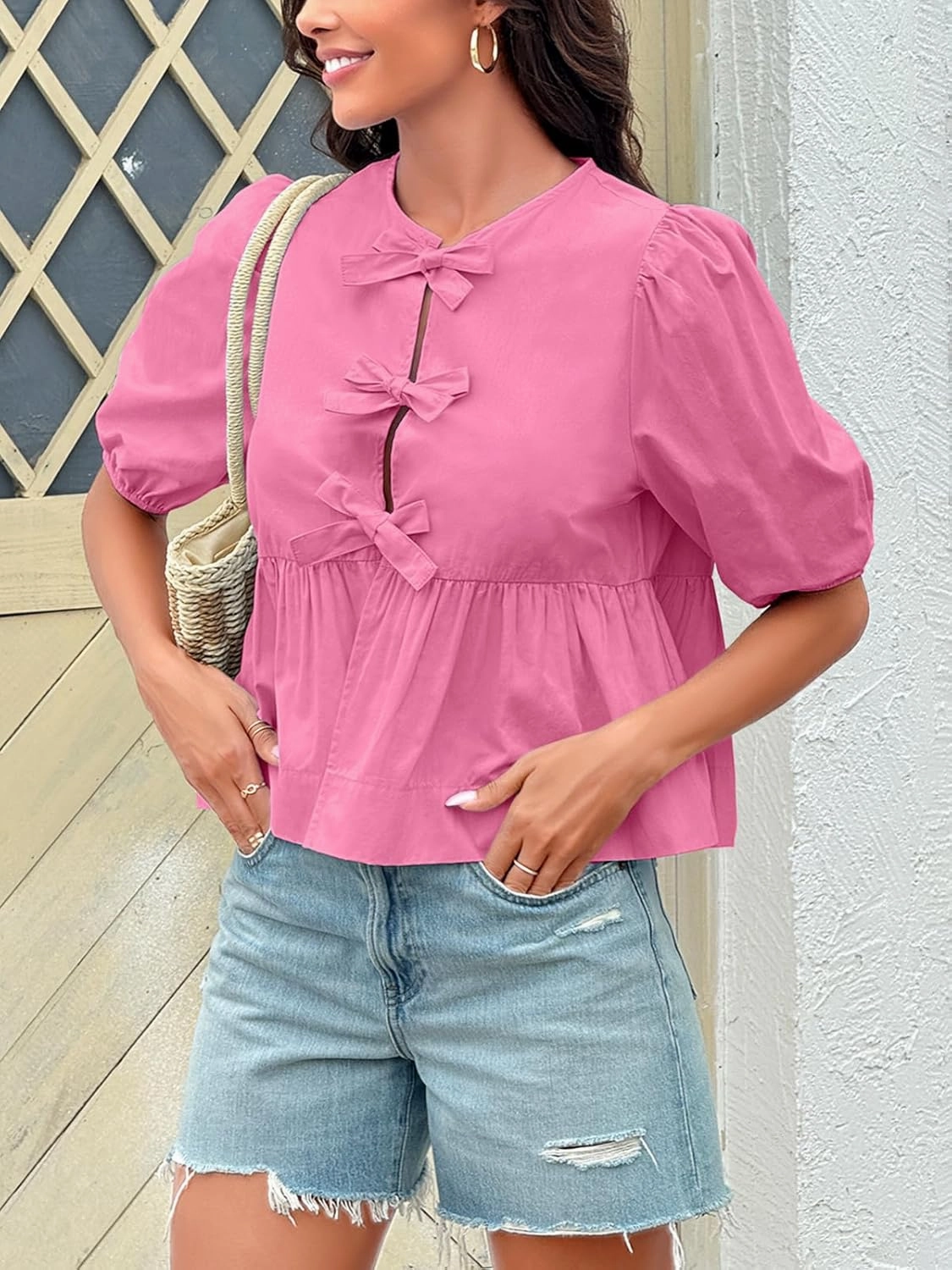 Tankaneo Womens Tie Front Tops Summer Peplum Babydoll Puff Short Sleeve Blouse Cute Cotton Shirts