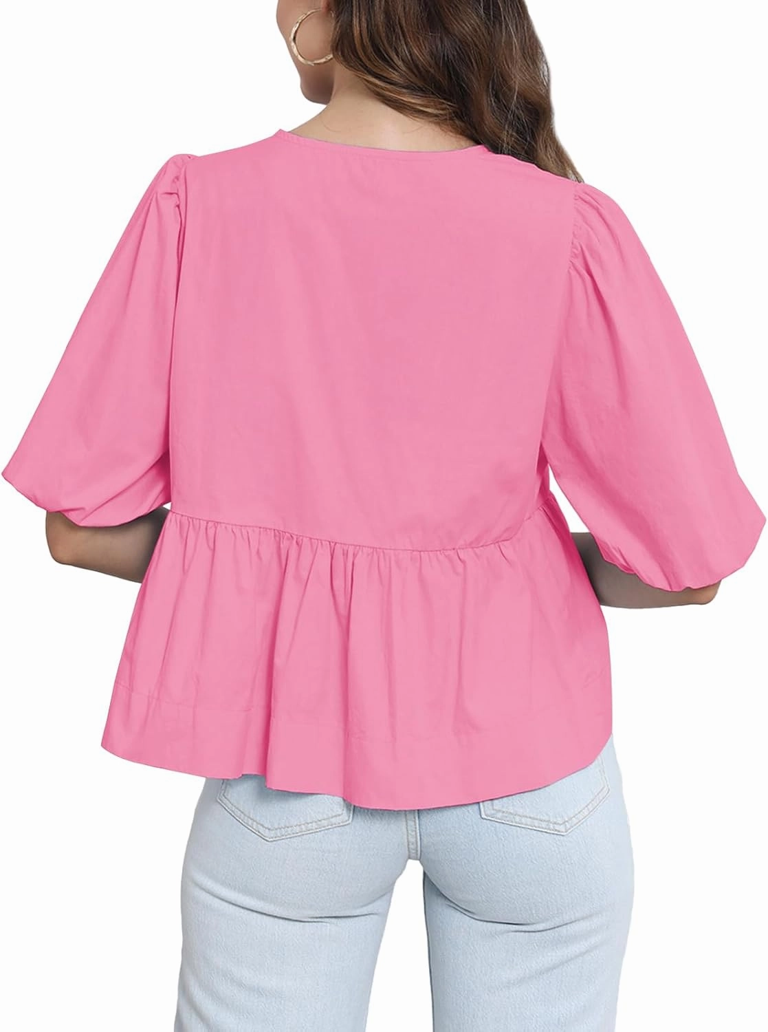 Tankaneo Womens Tie Front Tops Summer Peplum Babydoll Puff Short Sleeve Blouse Cute Cotton Shirts